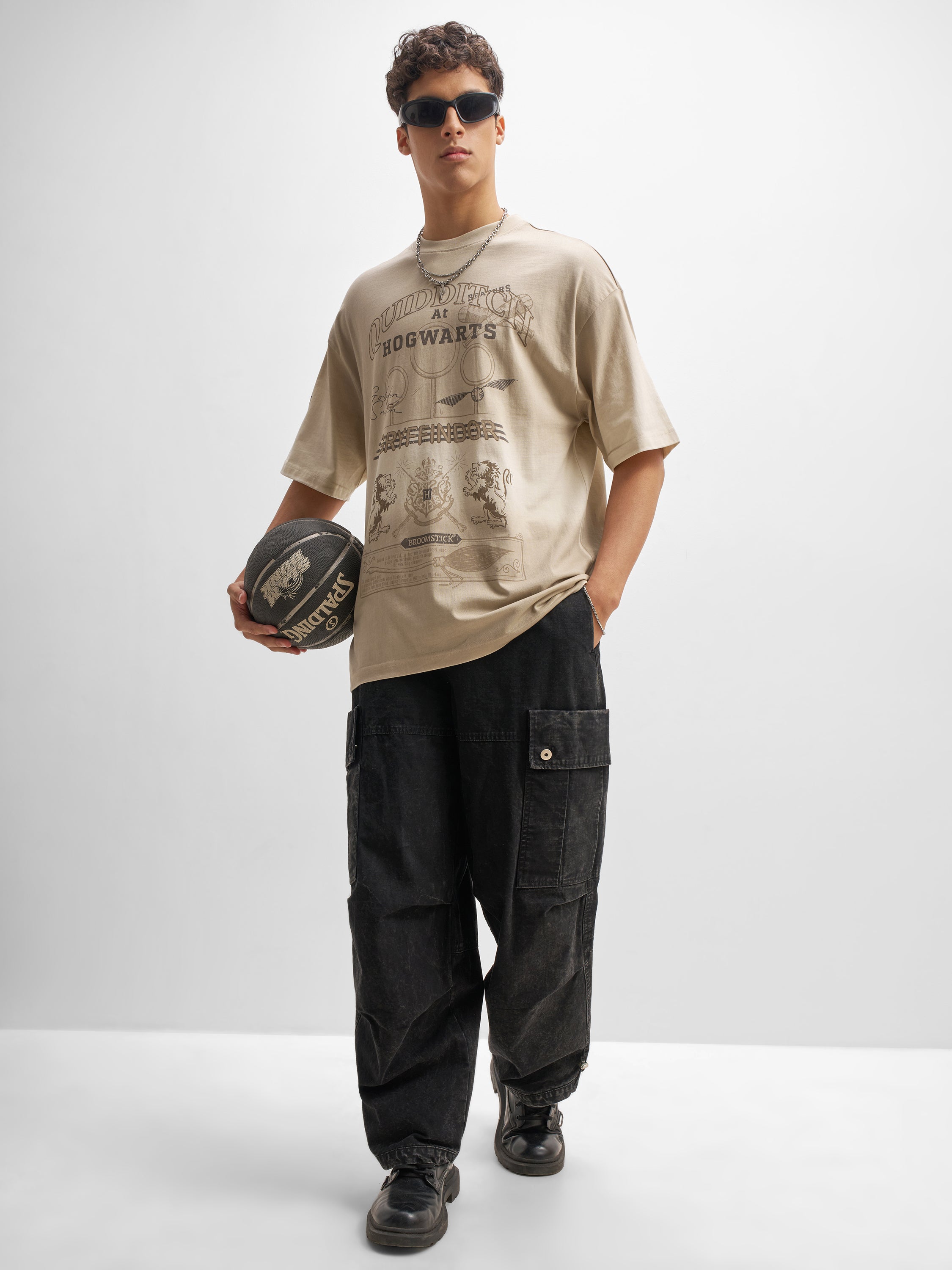 WB By Highlander Men Beige Harry Potter Printed Round Neck Oversized Fit T-Shirt