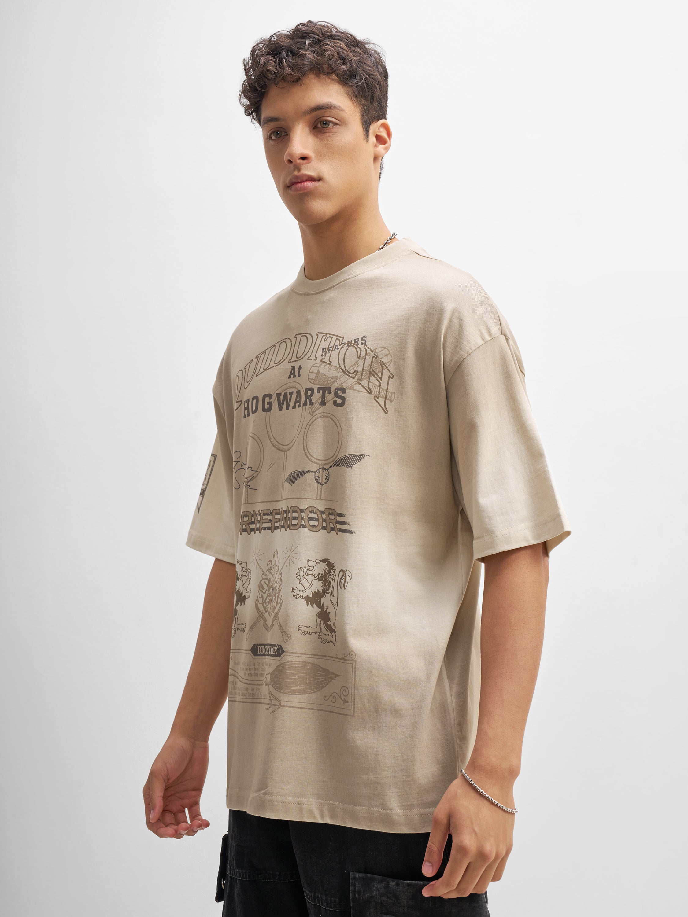WB By Highlander Men Beige Harry Potter Printed Round Neck Oversized Fit T-Shirt