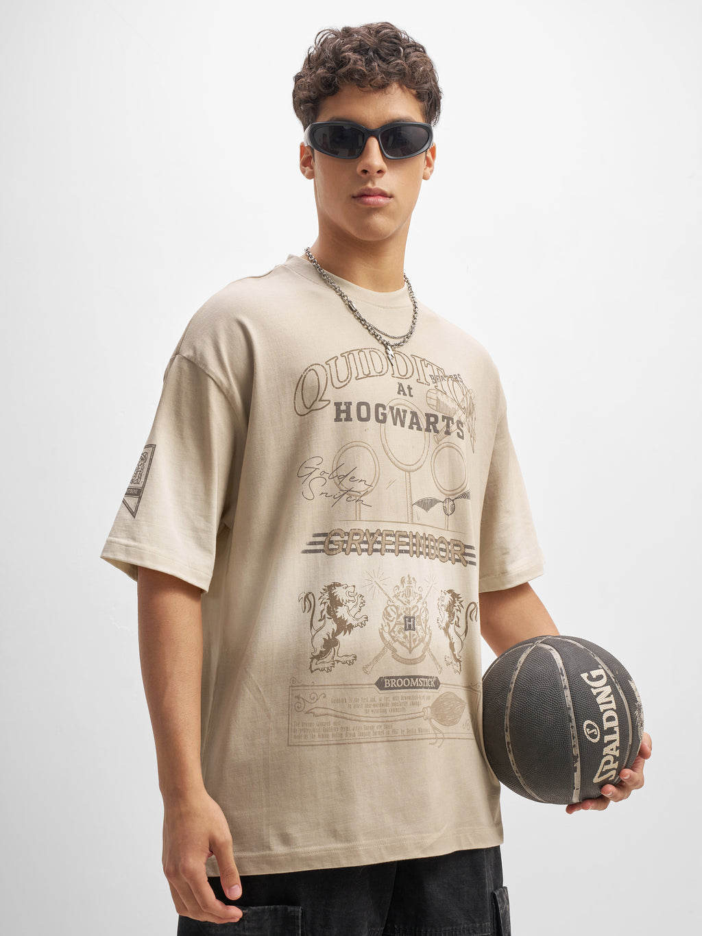 WB By Highlander Men Beige Harry Potter Printed Round Neck Oversized Fit T-Shirt