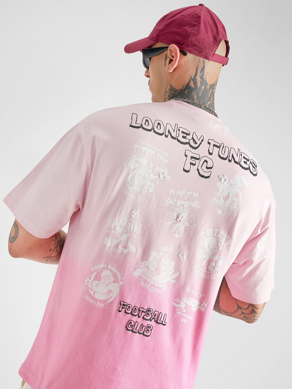 WB By Highlander Men Pink Looney Tunes Printed Round Neck Oversized Fit T-Shirt - Pink - Image 1