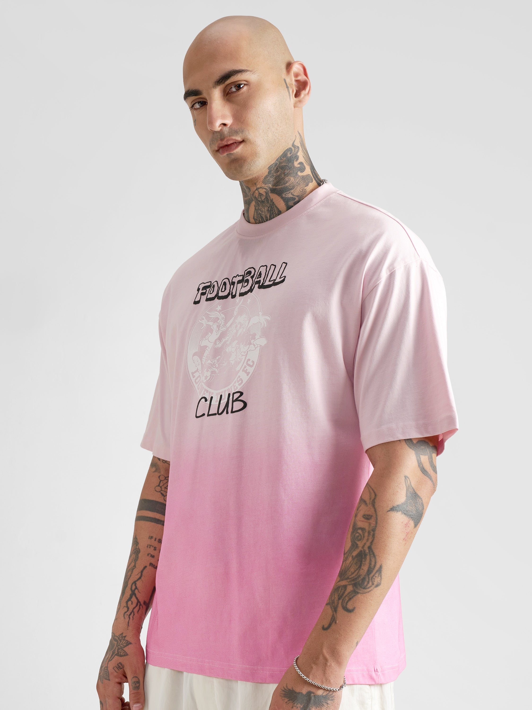 WB By Highlander Men Pink Looney Tunes Printed Round Neck Oversized Fit T-Shirt - Pink - Image 4