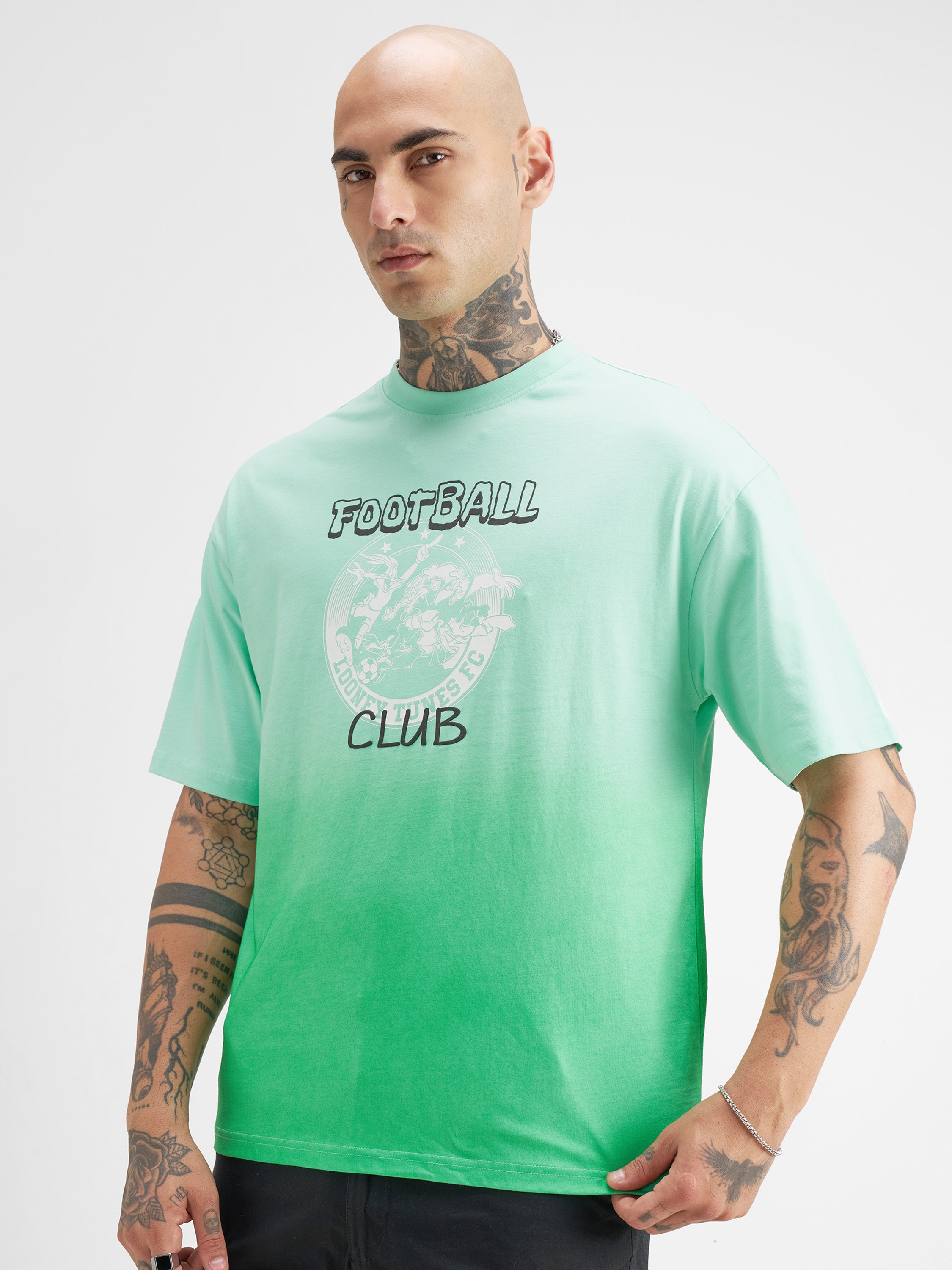 WB By Highlander Men Green Looney Tunes Printed Round Neck Oversized Fit T-Shirt
