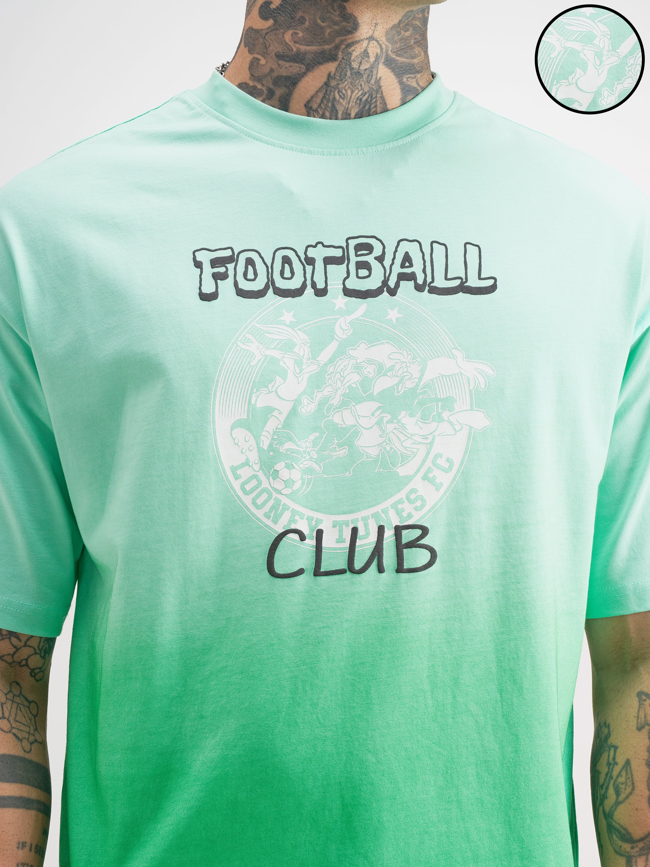 WB By Highlander Men Green Looney Tunes Printed Round Neck Oversized Fit T-Shirt