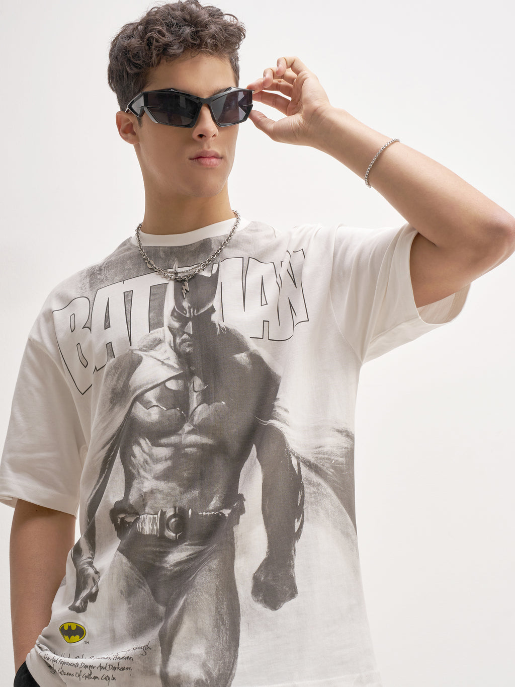 WB By Highlander Men White Batman Printed Round Neck Oversized Fit T-Shirt - White - Image 1