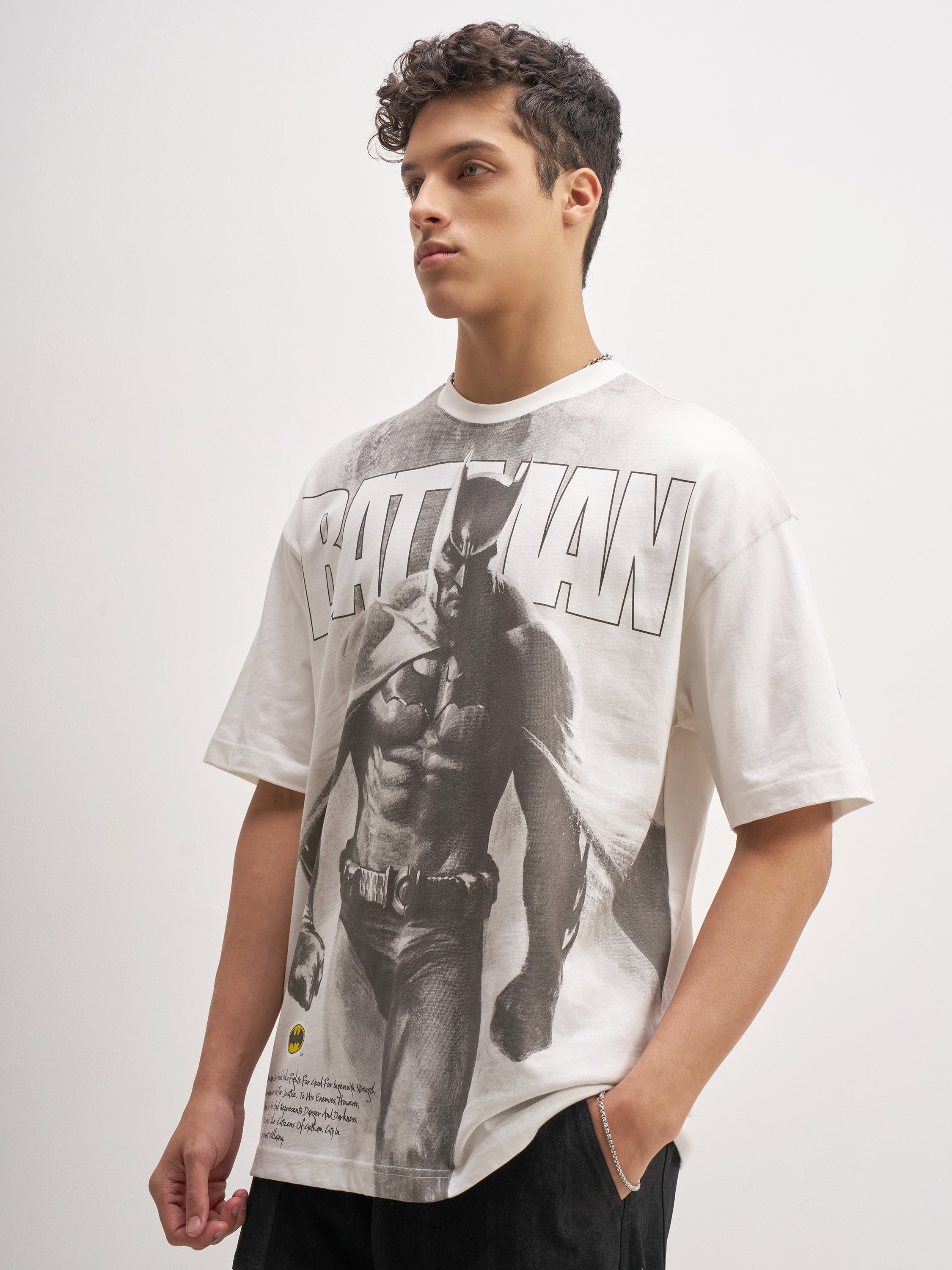WB By Highlander Men White Batman Printed Round Neck Oversized Fit T-Shirt - White - Image 4