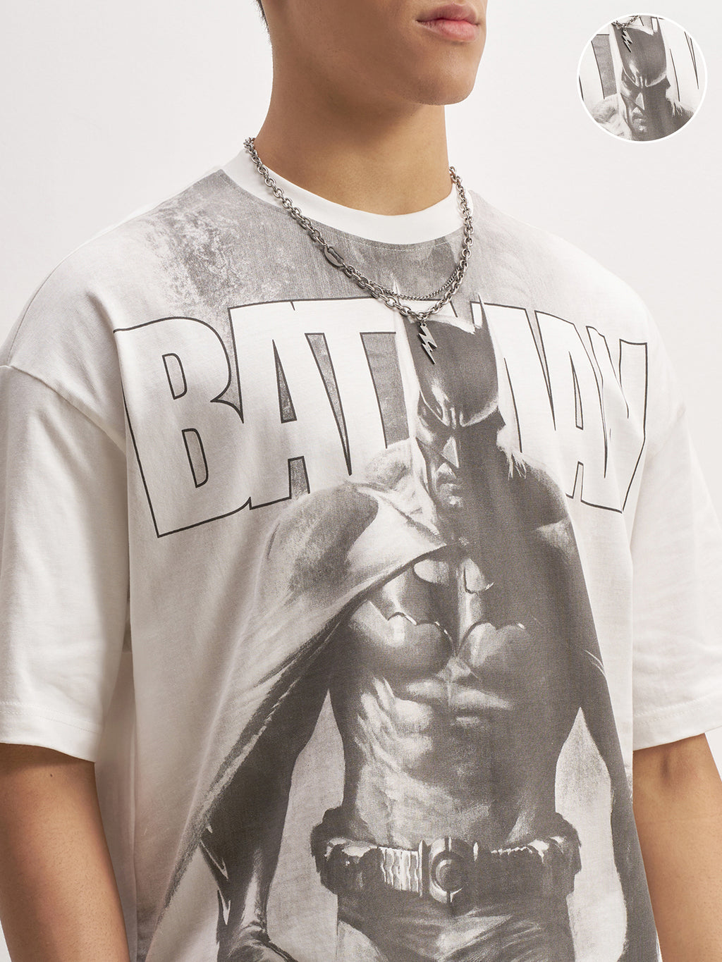 WB By Highlander Men White Batman Printed Round Neck Oversized Fit T-Shirt - White - Image 5
