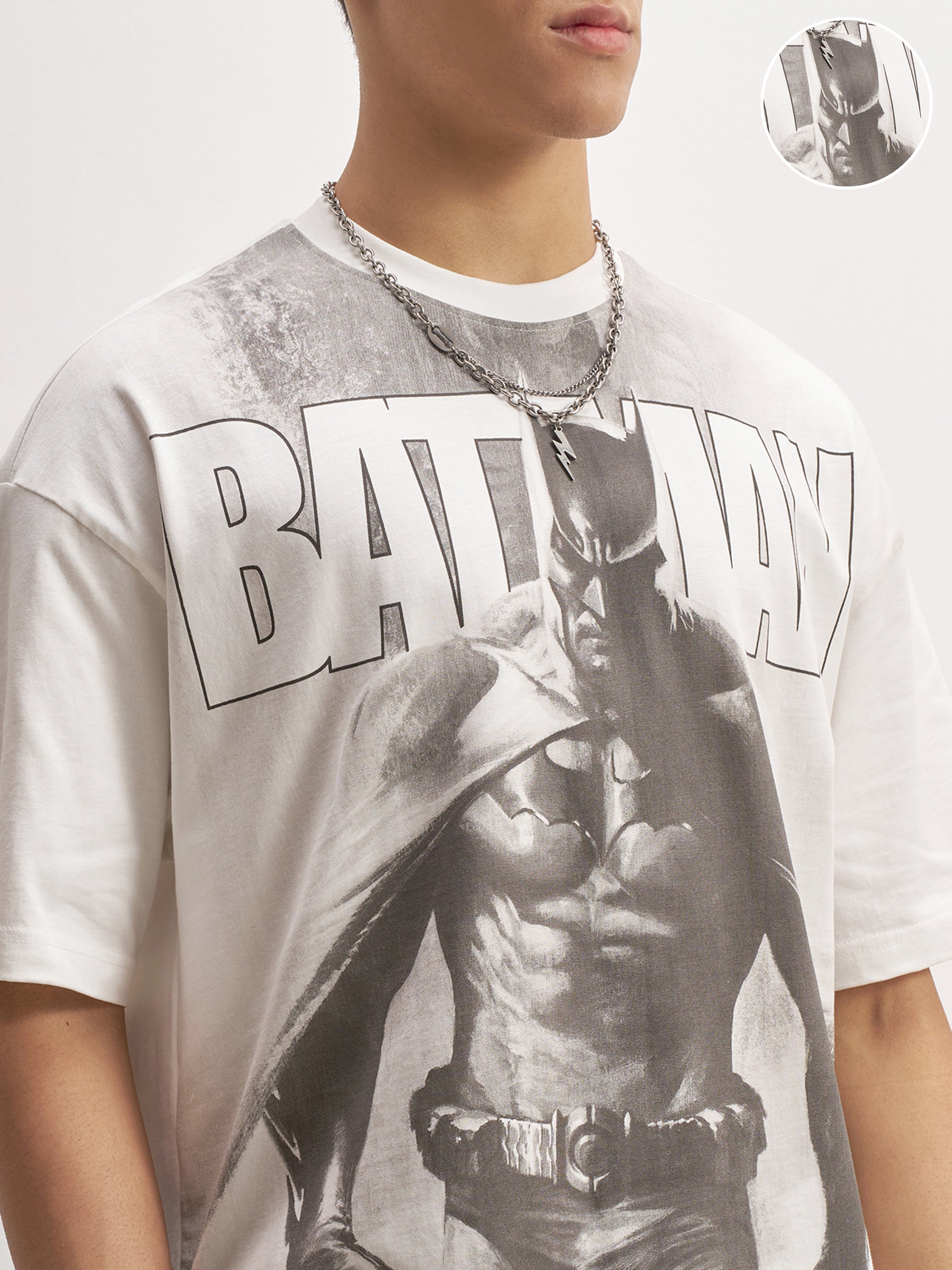 WB By Highlander Men White Batman Printed Round Neck Oversized Fit T-Shirt - White - Image 5