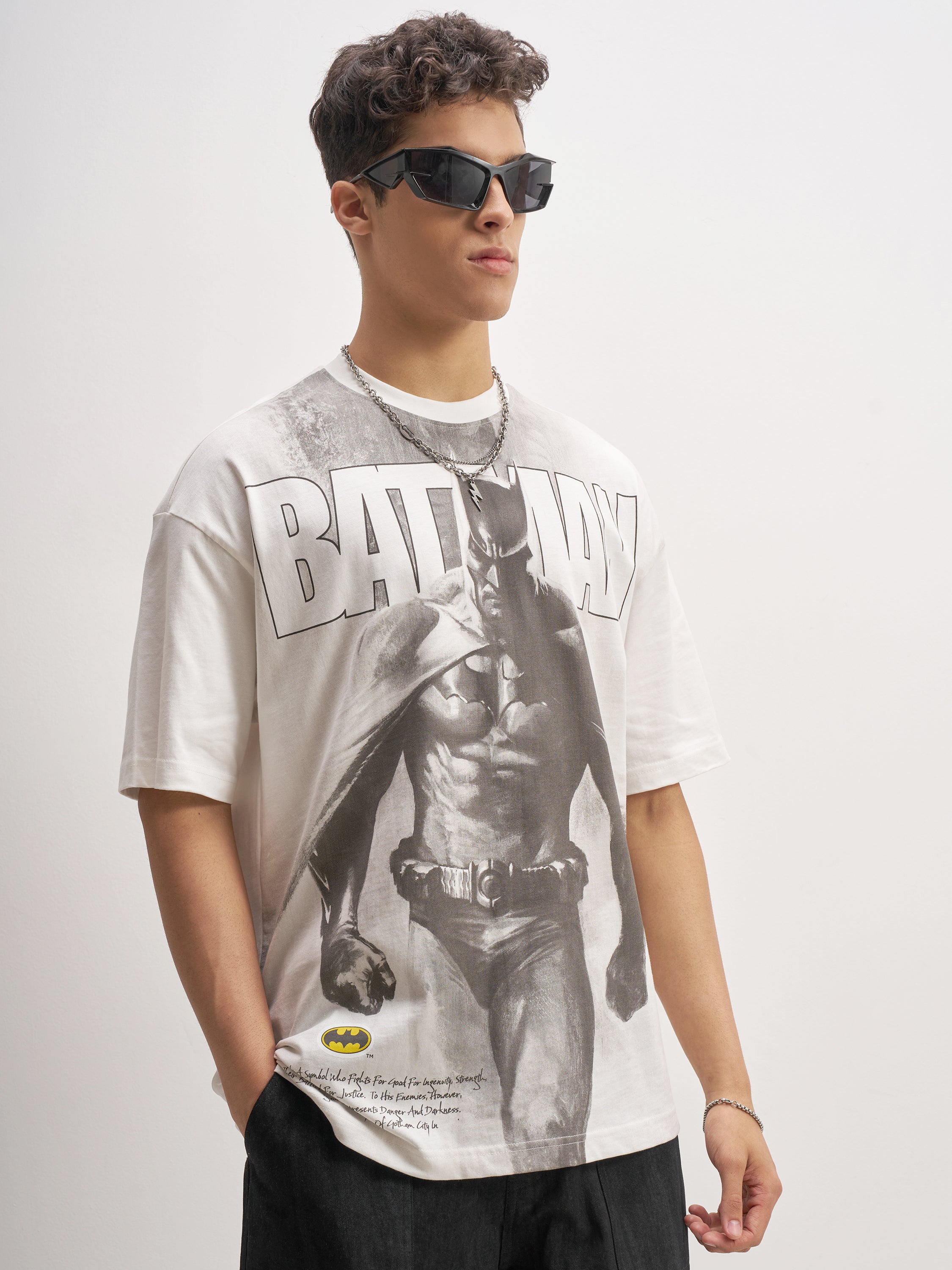 WB By Highlander Men White Batman Printed Round Neck Oversized Fit T-Shirt - White - Image 6