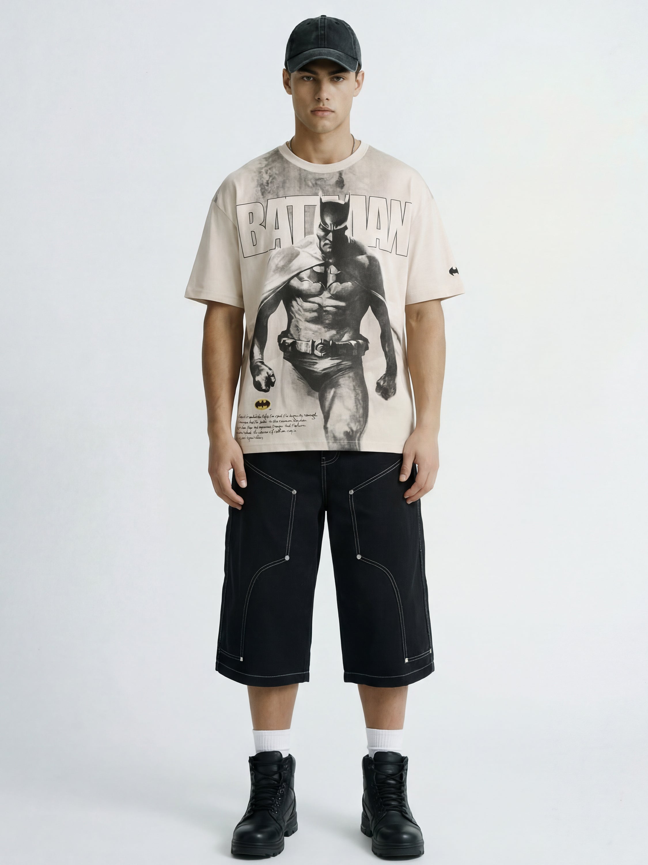 WB By Highlander Men Beige Batman Printed Round Neck Oversized Fit T-Shirt - Beige - Image 2