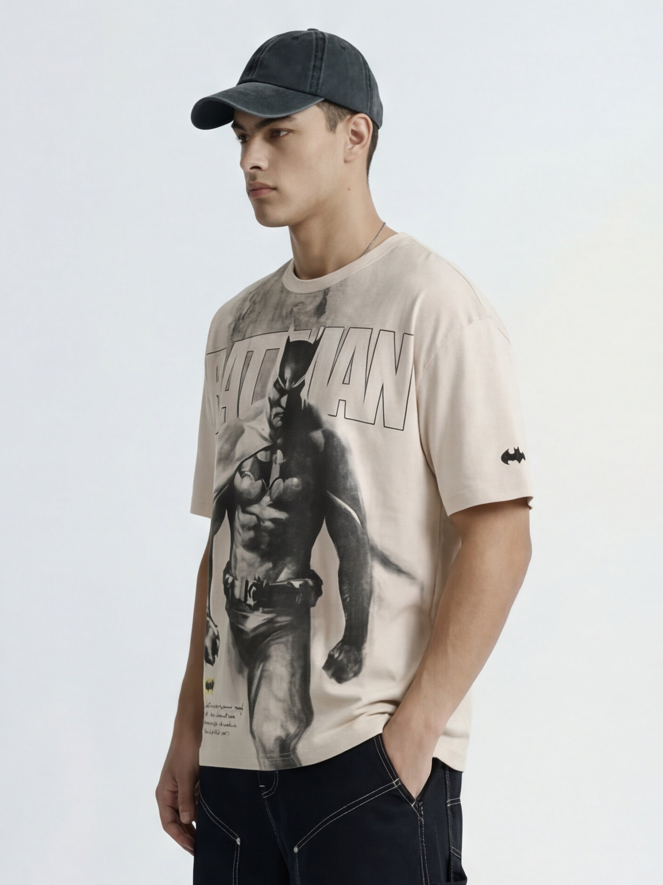 WB By Highlander Men Beige Batman Printed Round Neck Oversized Fit T-Shirt - Beige - Image 4
