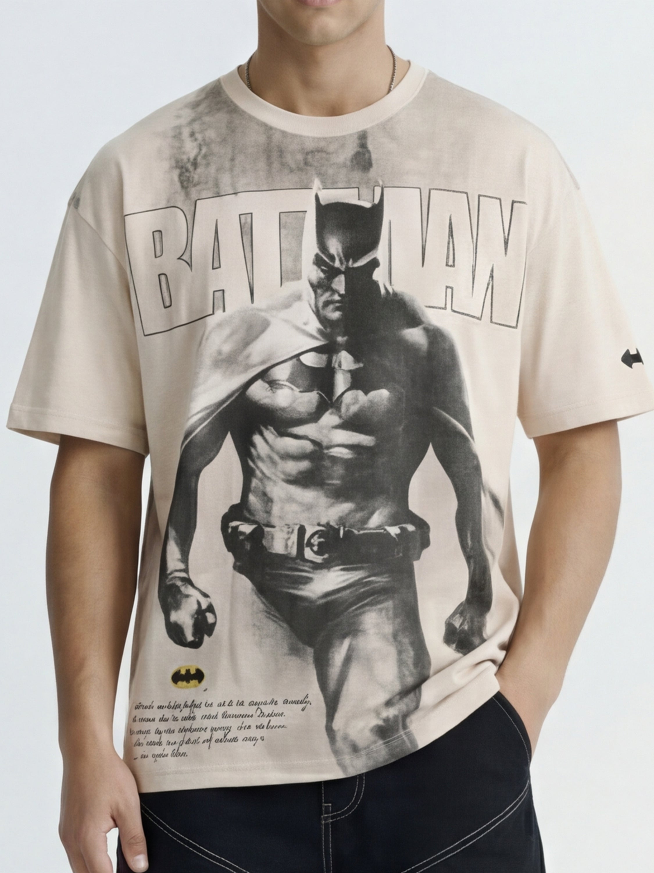 WB By Highlander Men Beige Batman Printed Round Neck Oversized Fit T-Shirt - Beige - Image 5