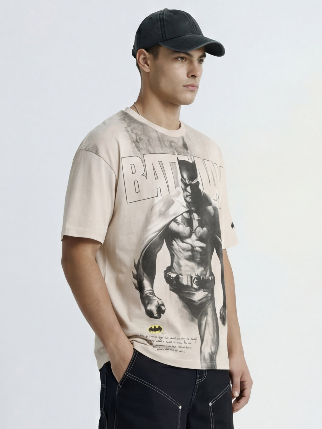 WB By Highlander Men Beige Batman Printed Round Neck Oversized Fit T-Shirt - Beige - Image 6