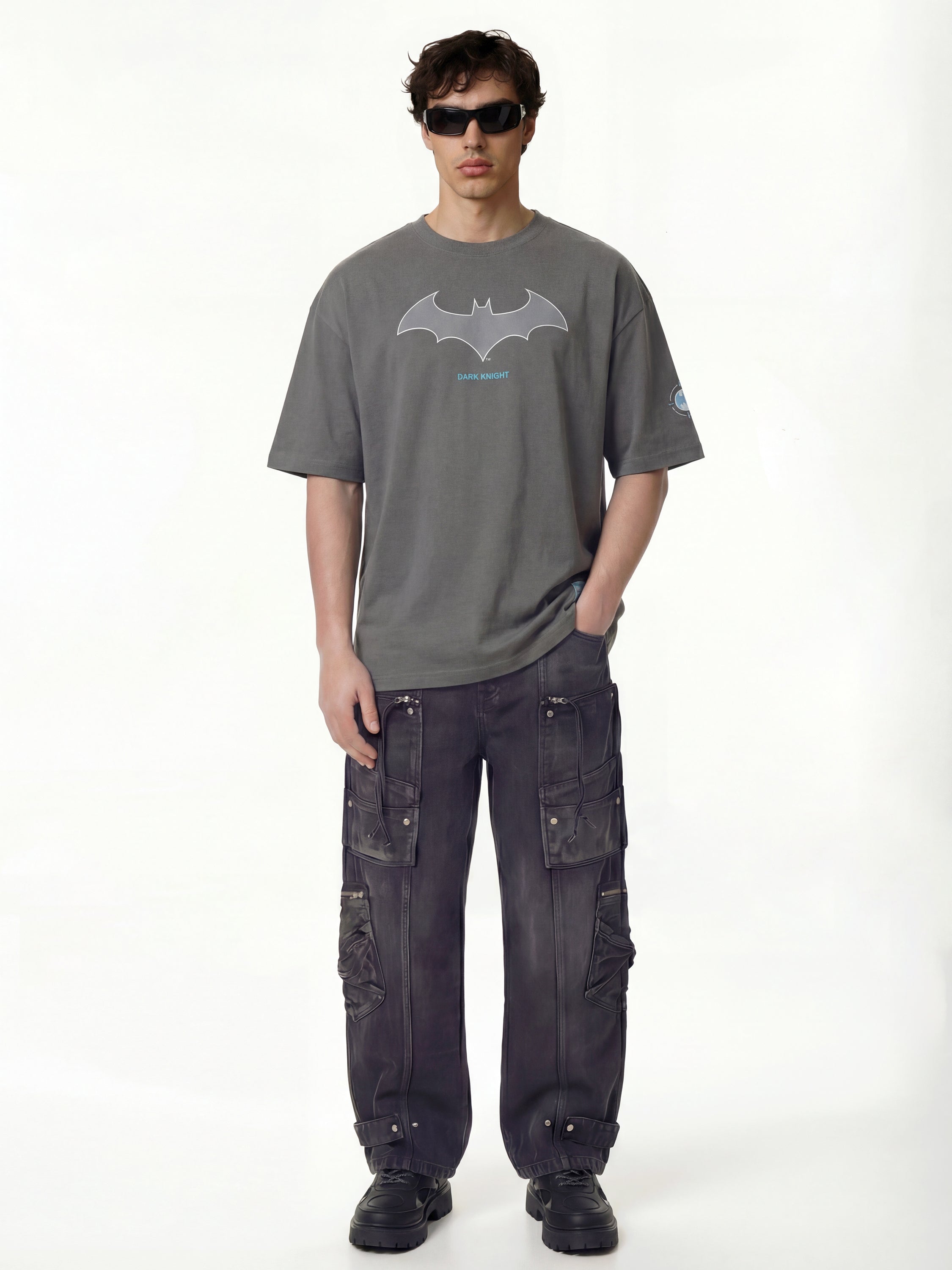 DC By Highlander Men Grey Batman Printed Round Neck Oversized Fit T-Shirt - Grey - Image 4