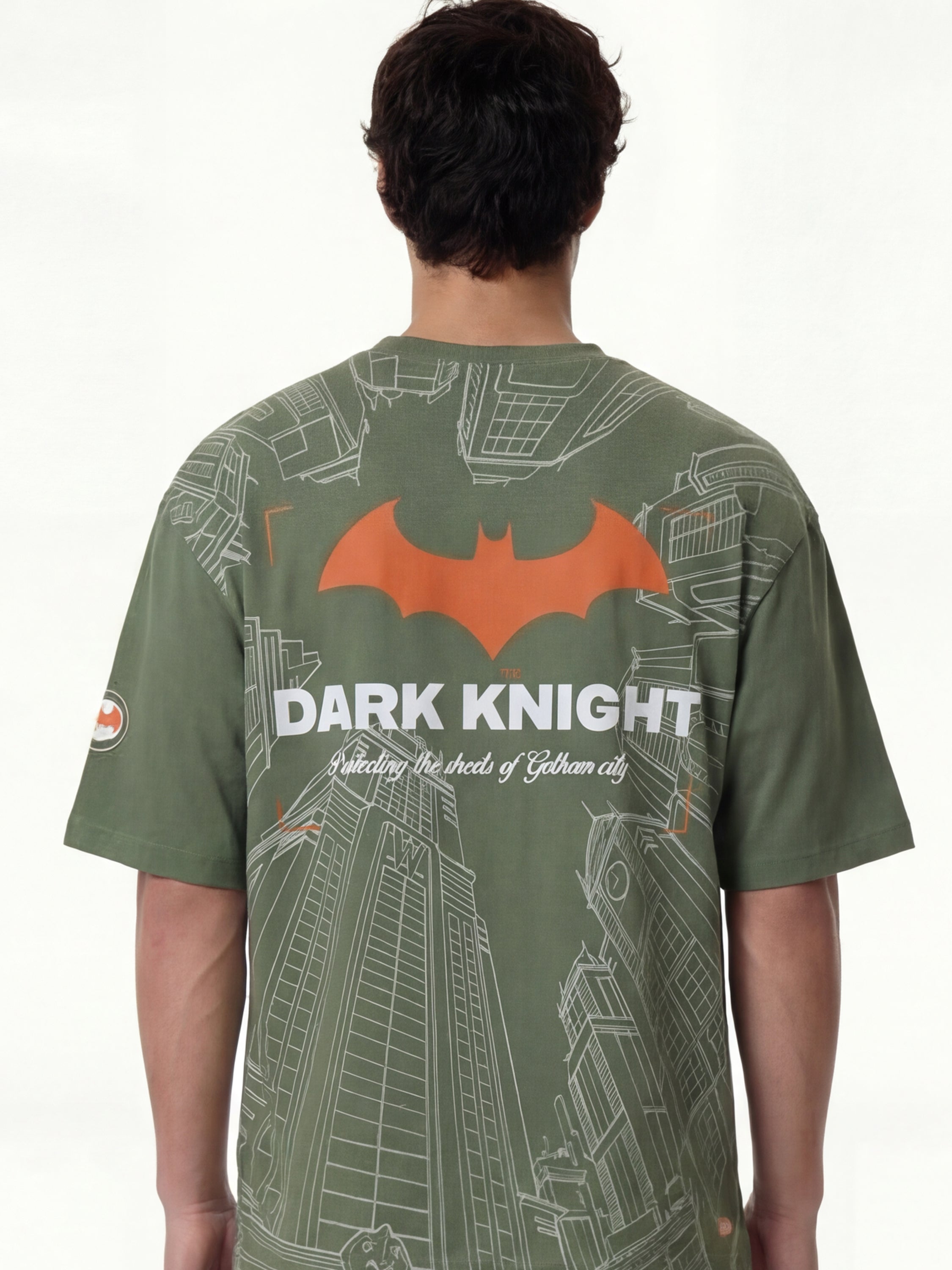 DC By Highlander Men Olive Batman Printed Round Neck Oversized Fit T-Shirt - Olive - Image 3