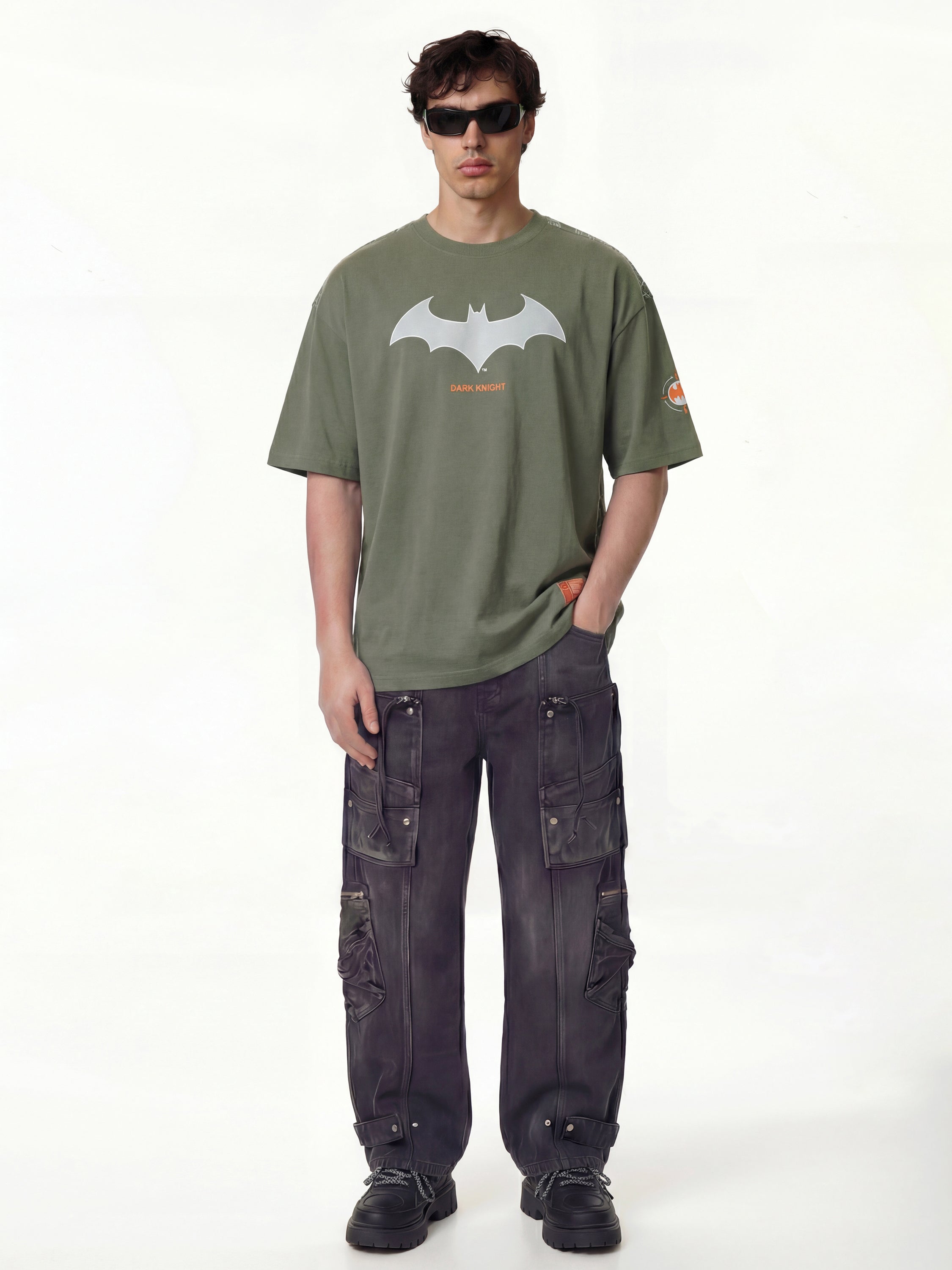 DC By Highlander Men Olive Batman Printed Round Neck Oversized Fit T-Shirt - Olive - Image 4