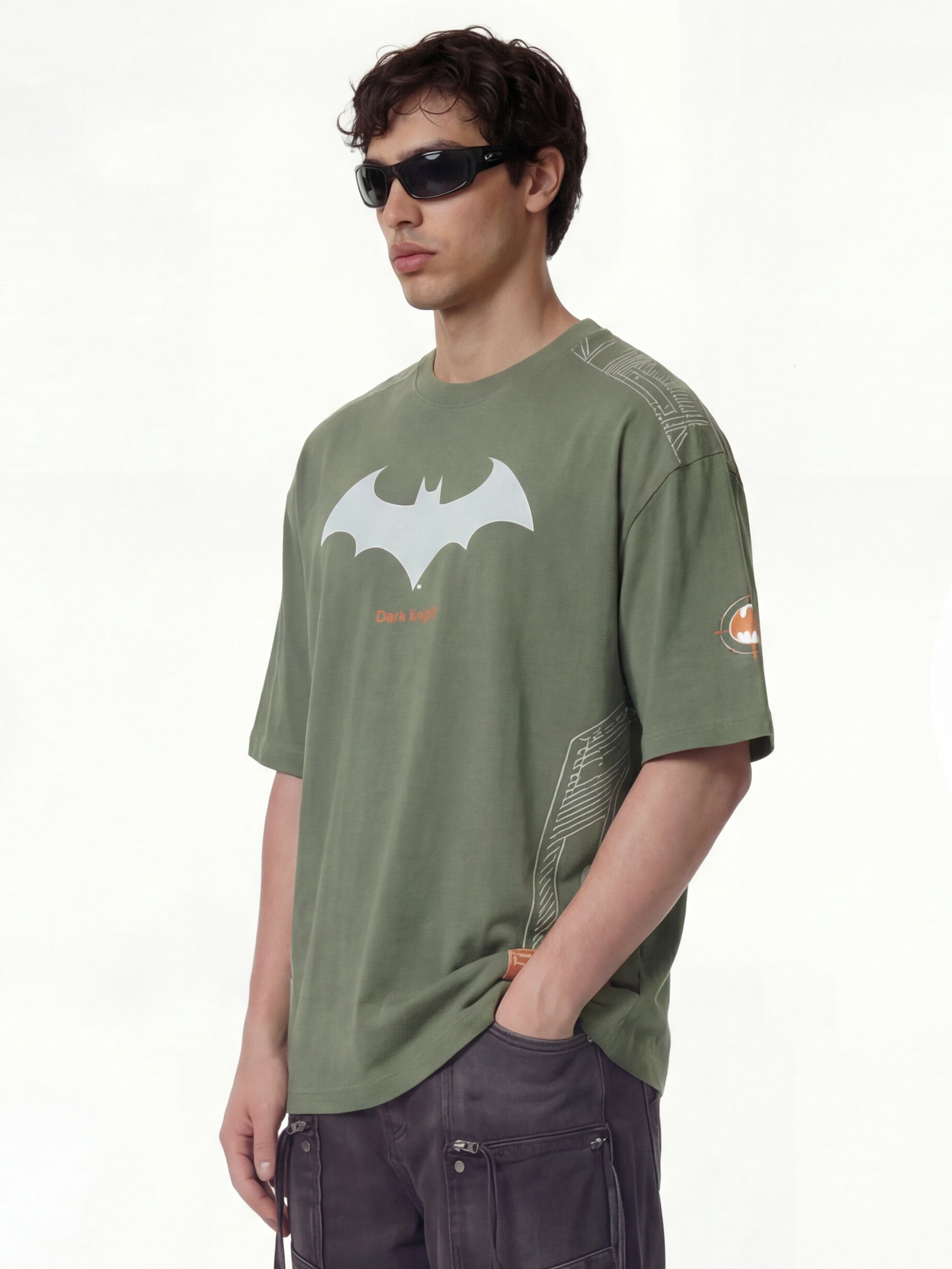 DC By Highlander Men Olive Batman Printed Round Neck Oversized Fit T-Shirt - Olive - Image 6