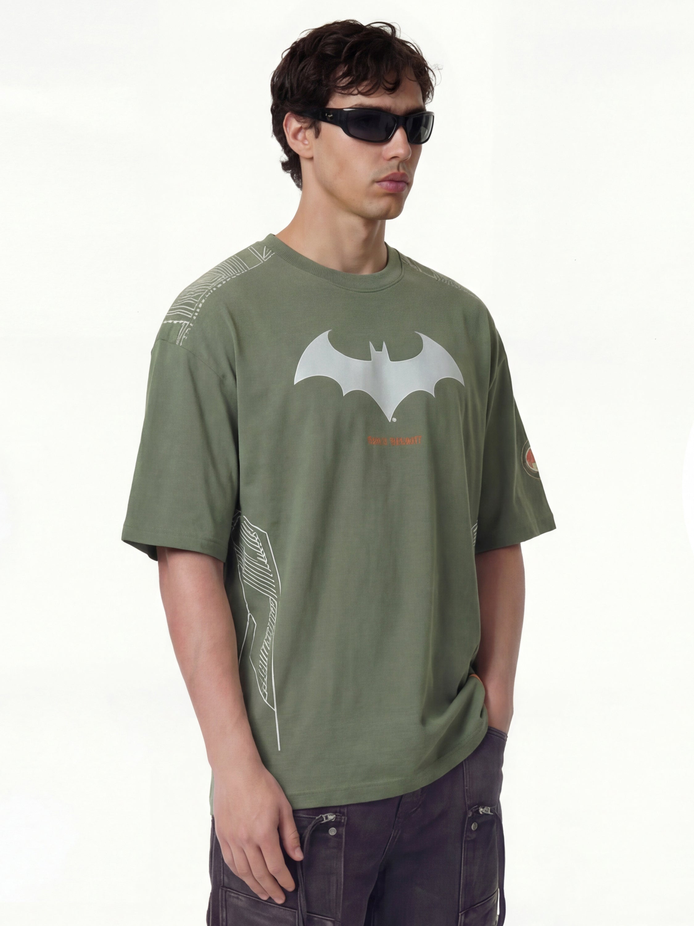 DC By Highlander Men Olive Batman Printed Round Neck Oversized Fit T-Shirt - Olive - Image 7