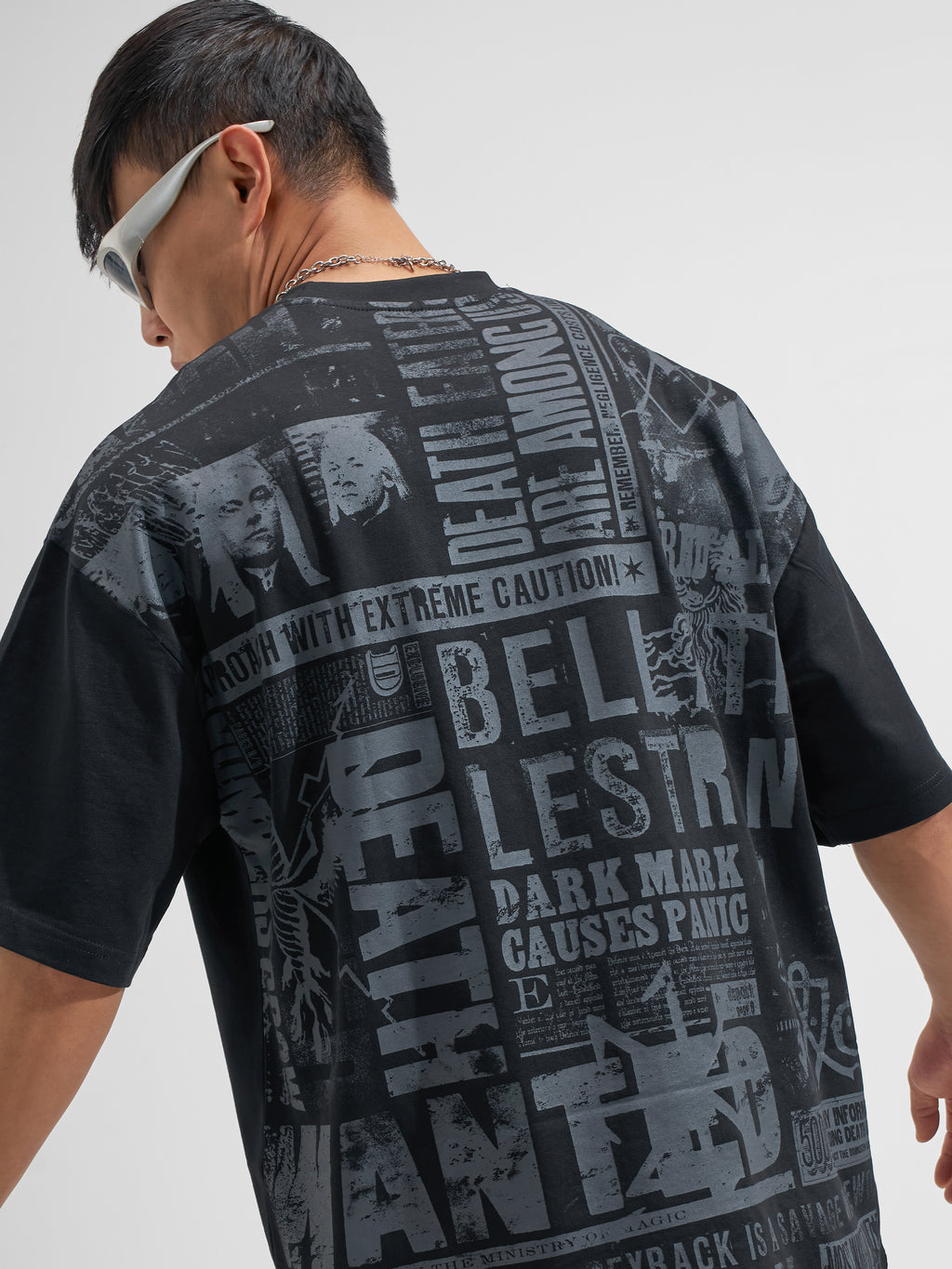 WB By Highlander Men Black Harry Potter Printed Round Neck Oversized Fit T-Shirt