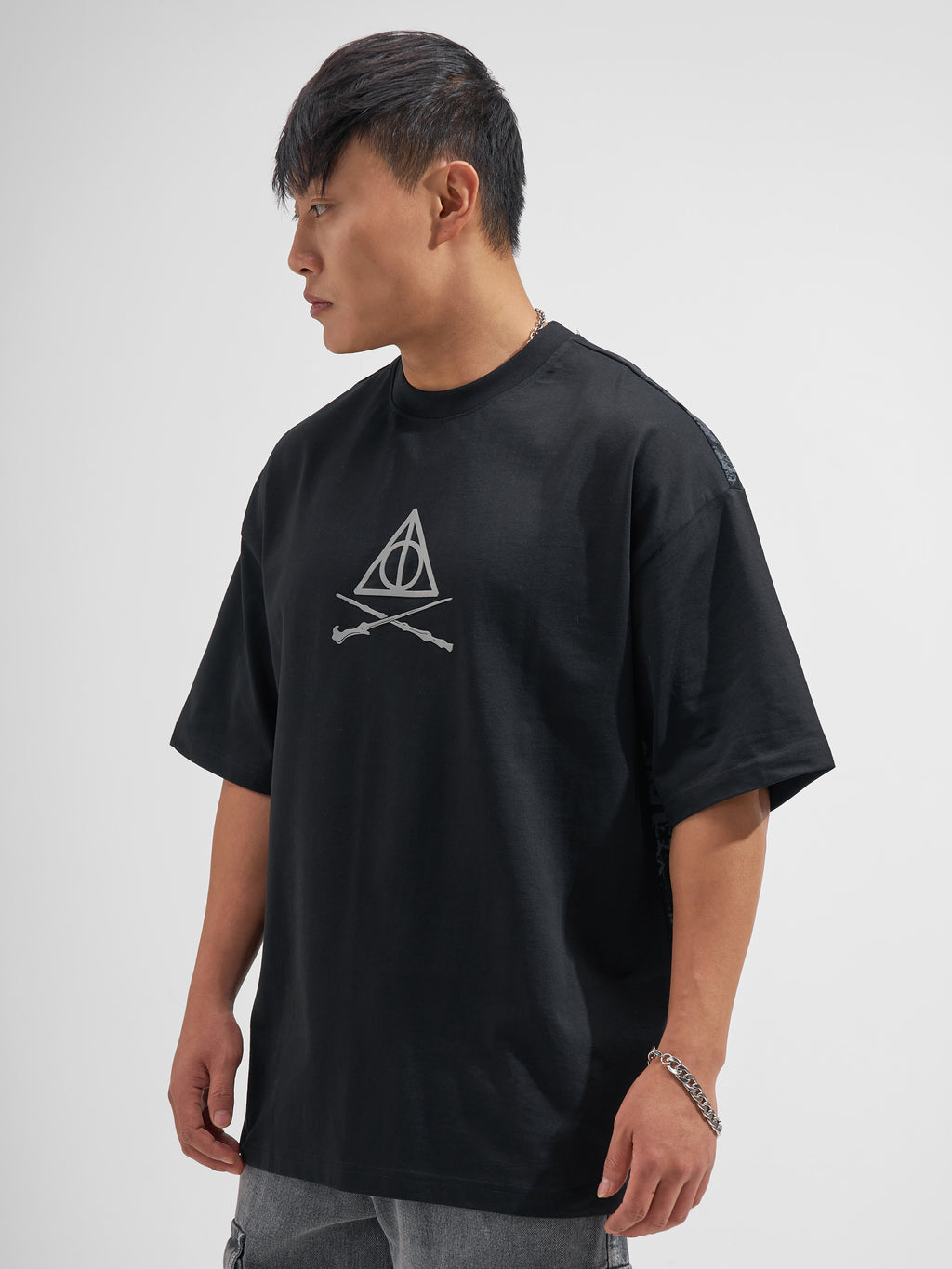 WB By Highlander Men Black Harry Potter Printed Round Neck Oversized Fit T-Shirt