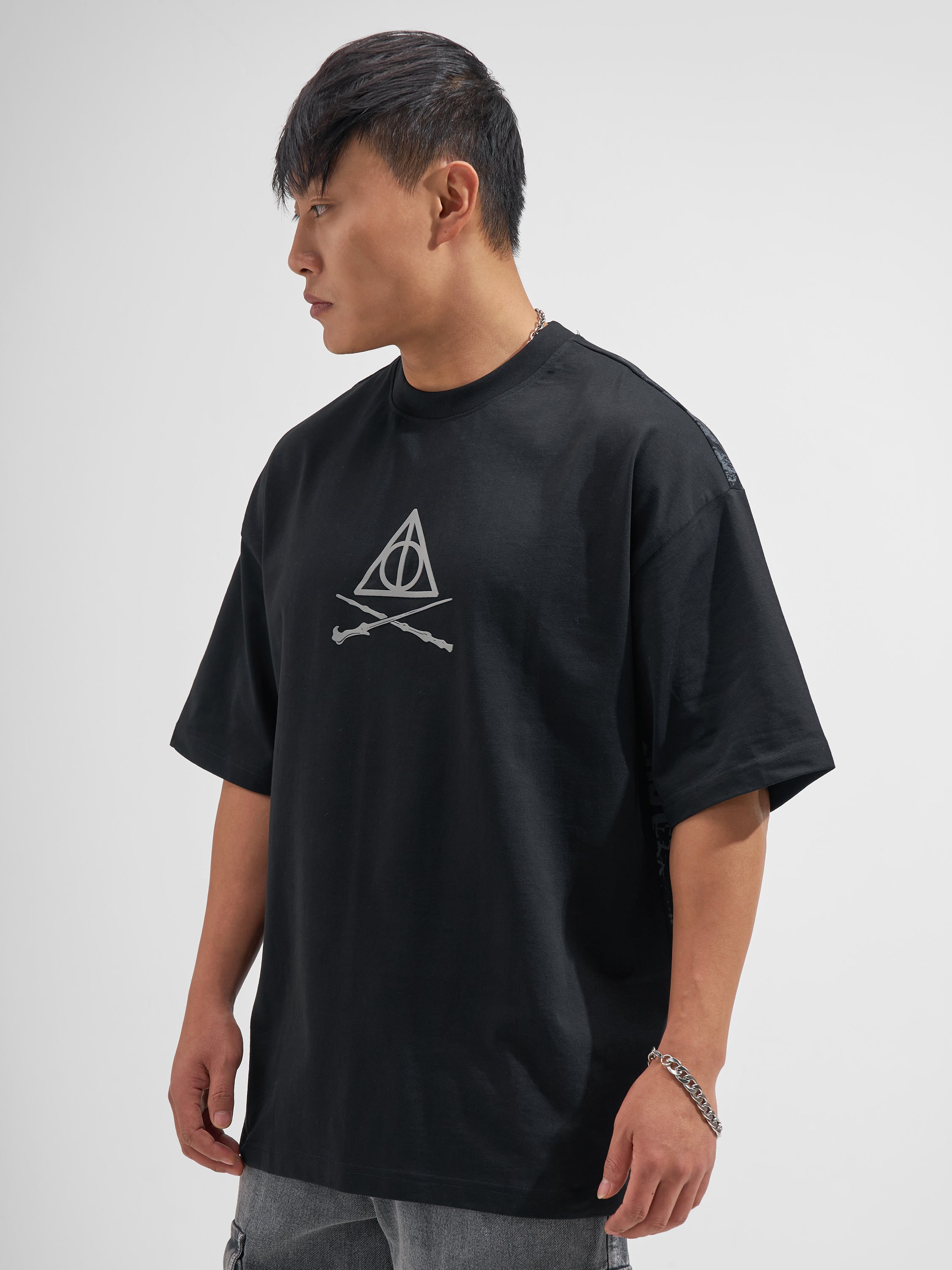 WB By Highlander Men Black Harry Potter Printed Round Neck Oversized Fit T-Shirt