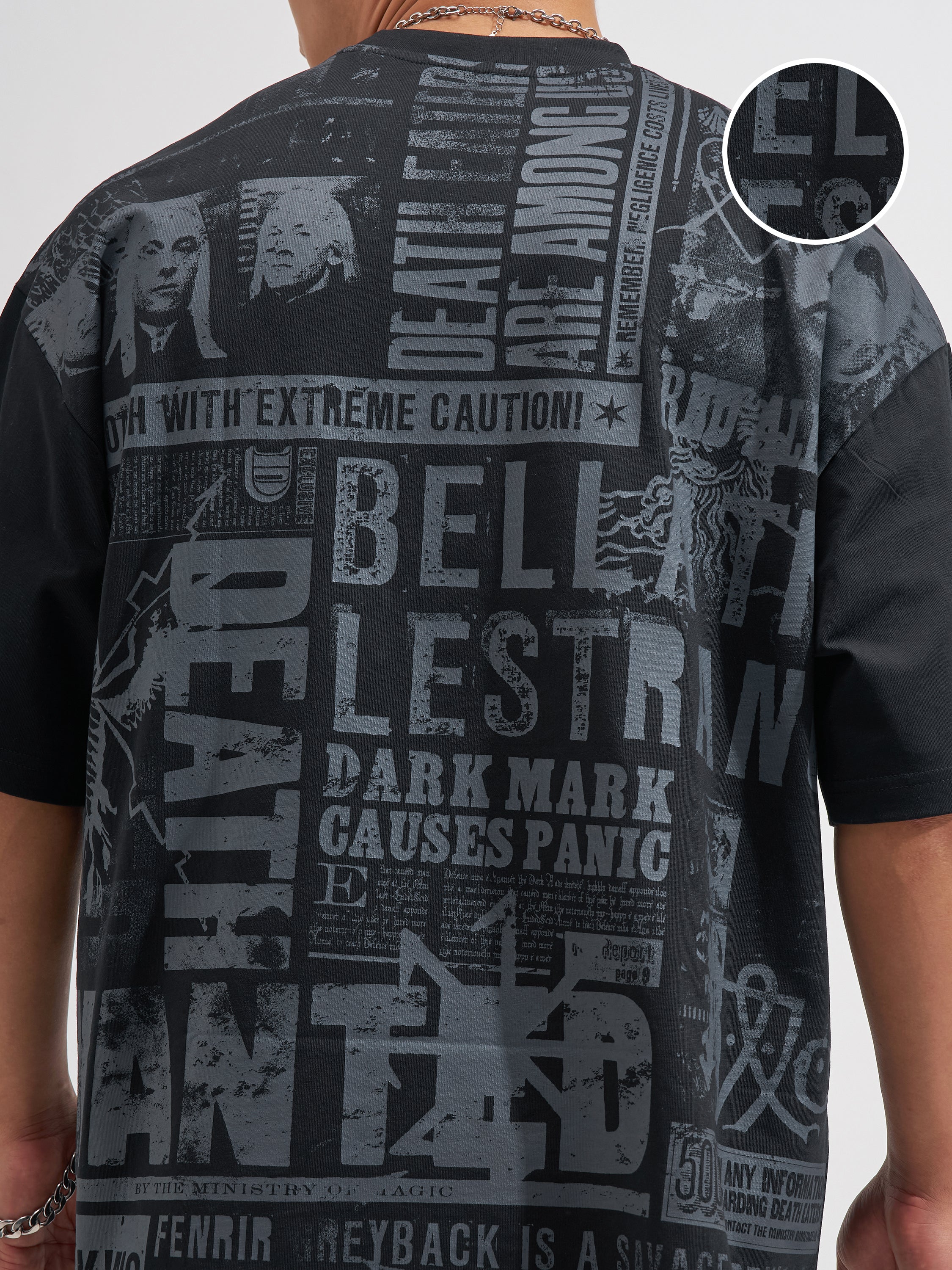 WB By Highlander Men Black Harry Potter Printed Round Neck Oversized Fit T-Shirt