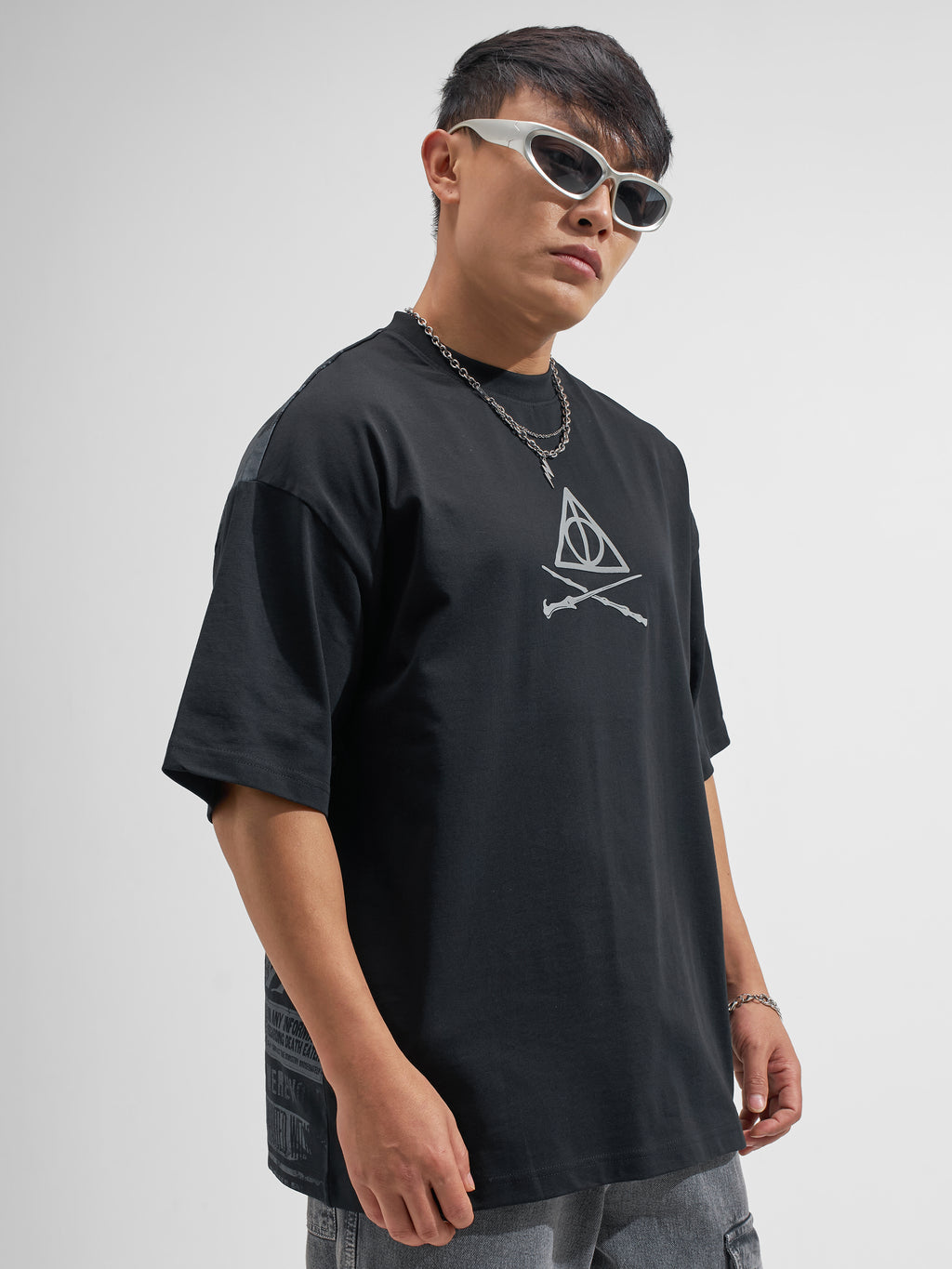 WB By Highlander Men Black Harry Potter Printed Round Neck Oversized Fit T-Shirt
