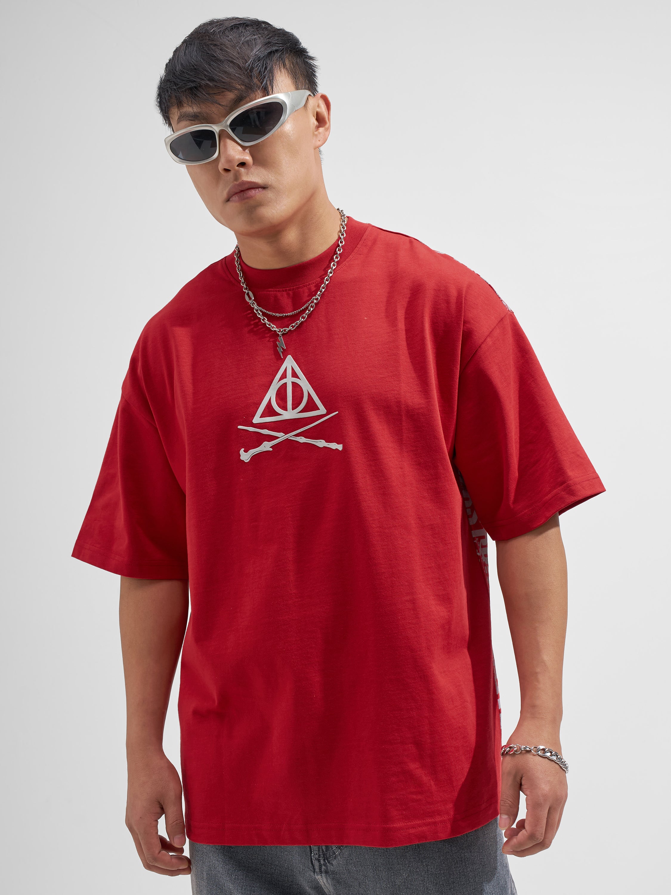 WB By Highlander Men Red Harry Potter Printed Round Neck Oversized Fit T-Shirt