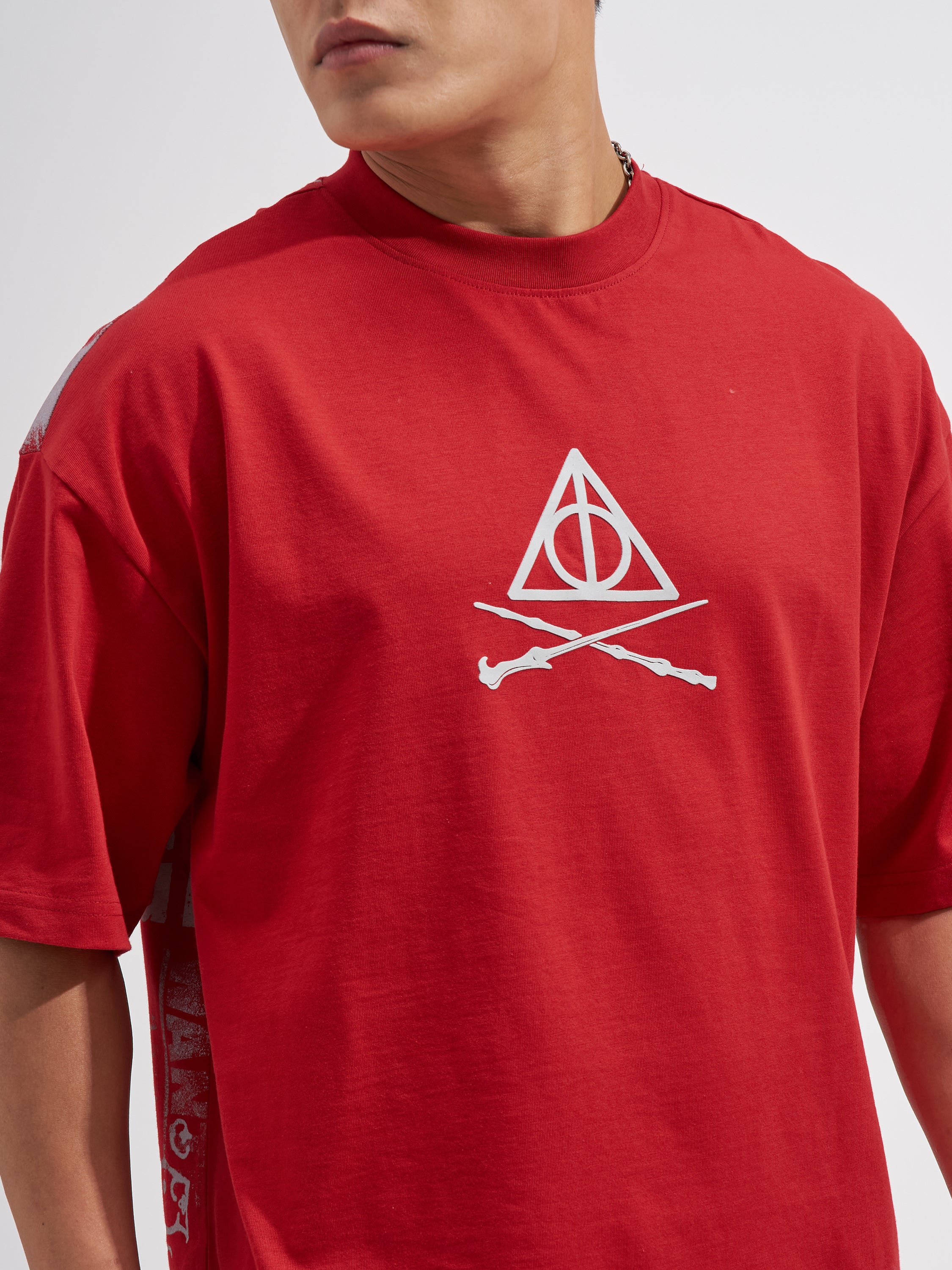 WB By Highlander Men Red Harry Potter Printed Round Neck Oversized Fit T-Shirt