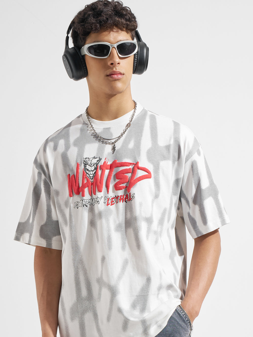 WB By Highlander Men White Joker Printed Round Neck Oversized Fit T-Shirt