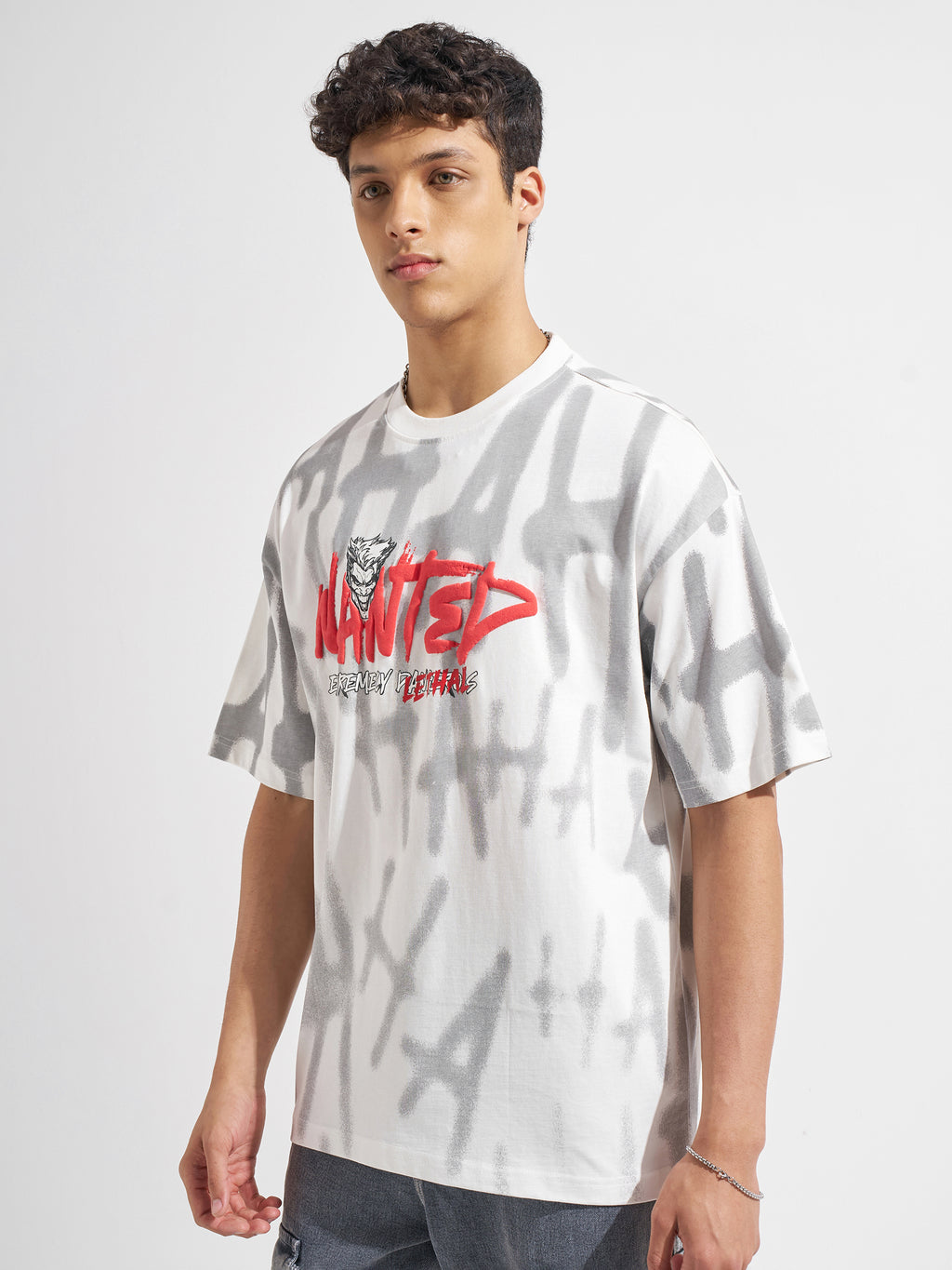 WB By Highlander Men White Joker Printed Round Neck Oversized Fit T-Shirt