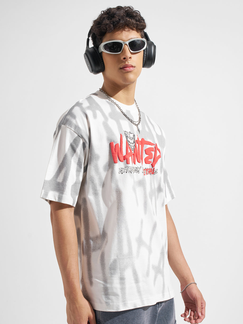 WB By Highlander Men White Joker Printed Round Neck Oversized Fit T-Shirt