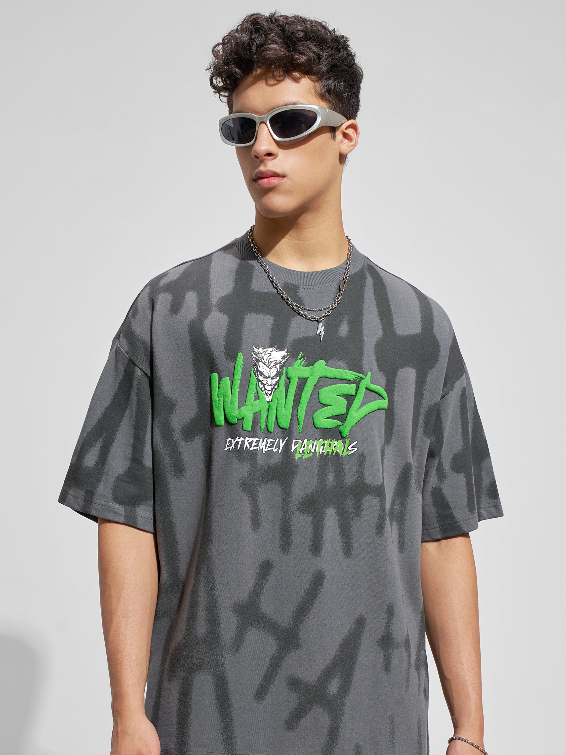 WB By Highlander Men Grey Joker Printed Round Neck Oversized Fit T-Shirt