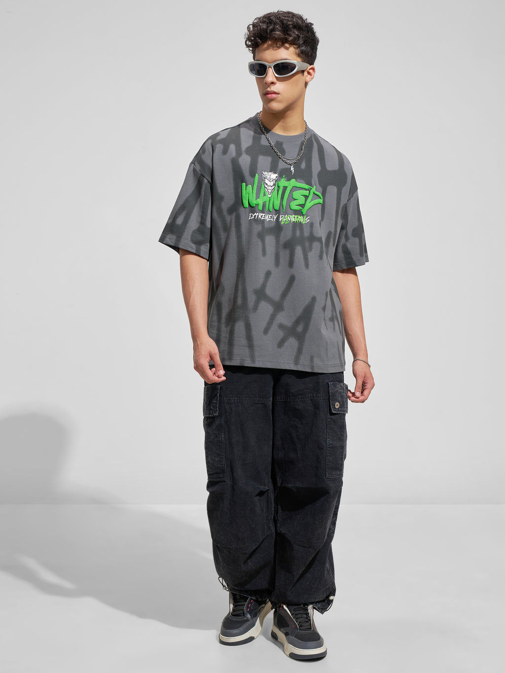 WB By Highlander Men Grey Joker Printed Round Neck Oversized Fit T-Shirt
