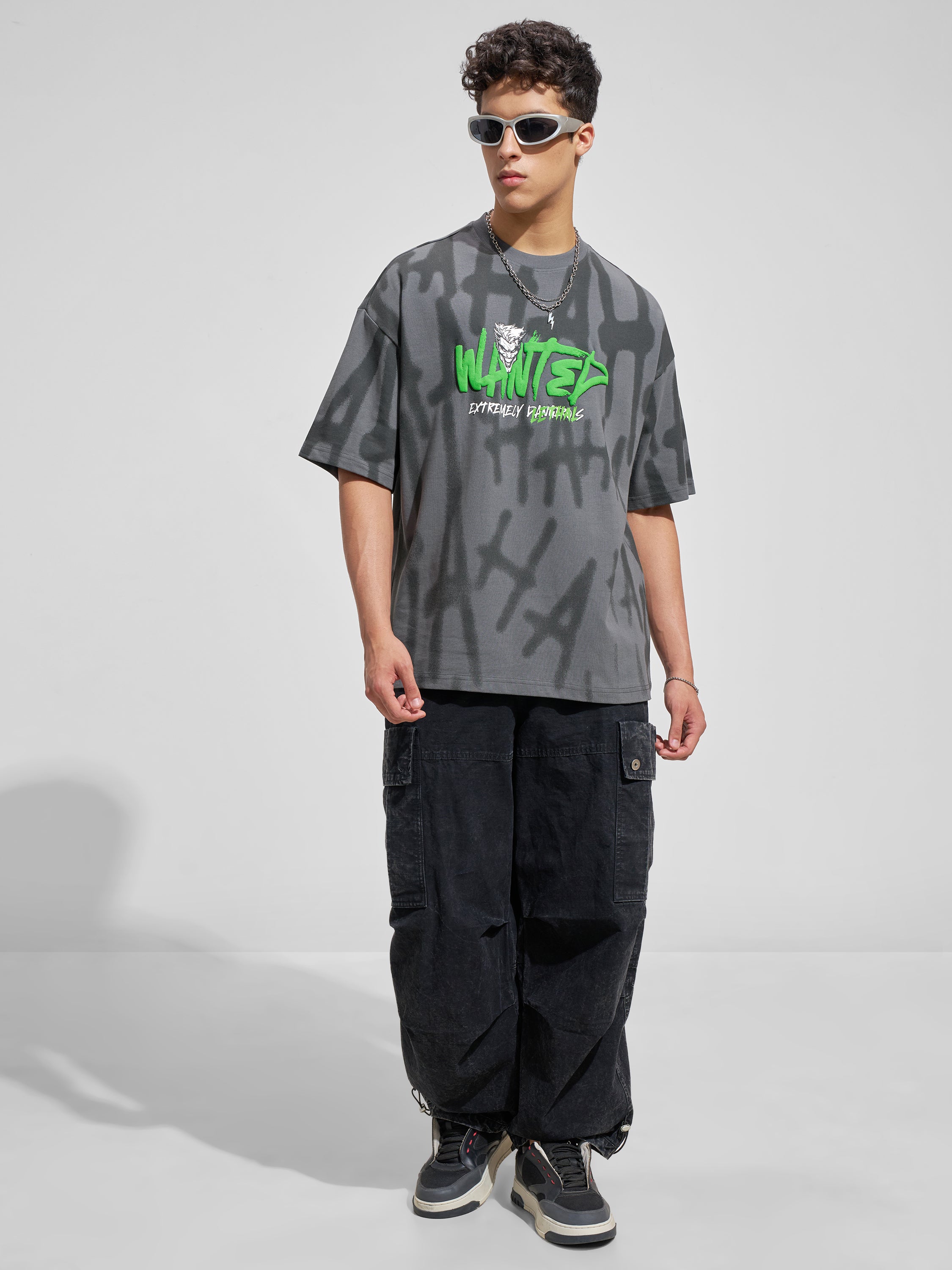 WB By Highlander Men Grey Joker Printed Round Neck Oversized Fit T-Shirt