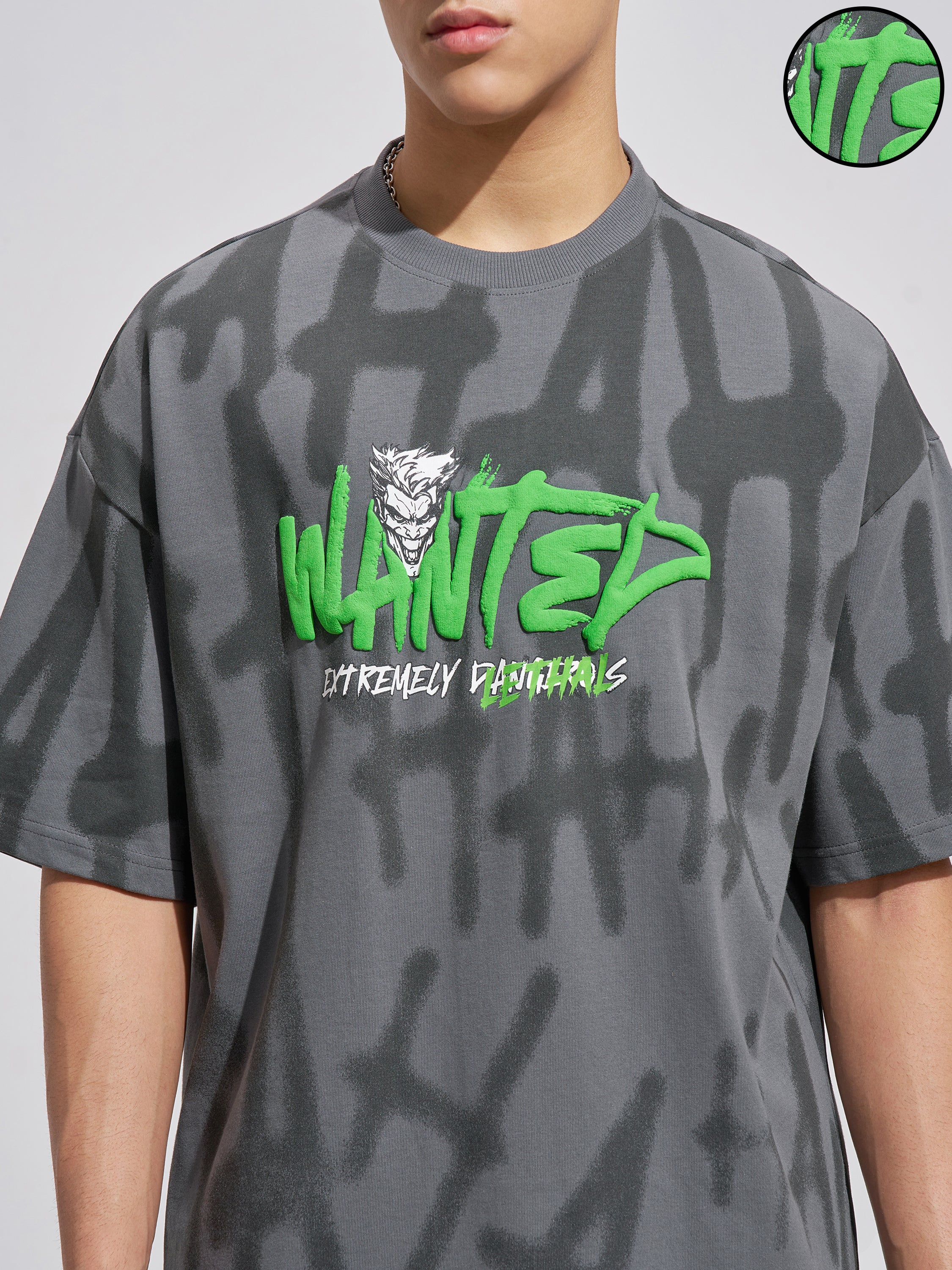 WB By Highlander Men Grey Joker Printed Round Neck Oversized Fit T-Shirt