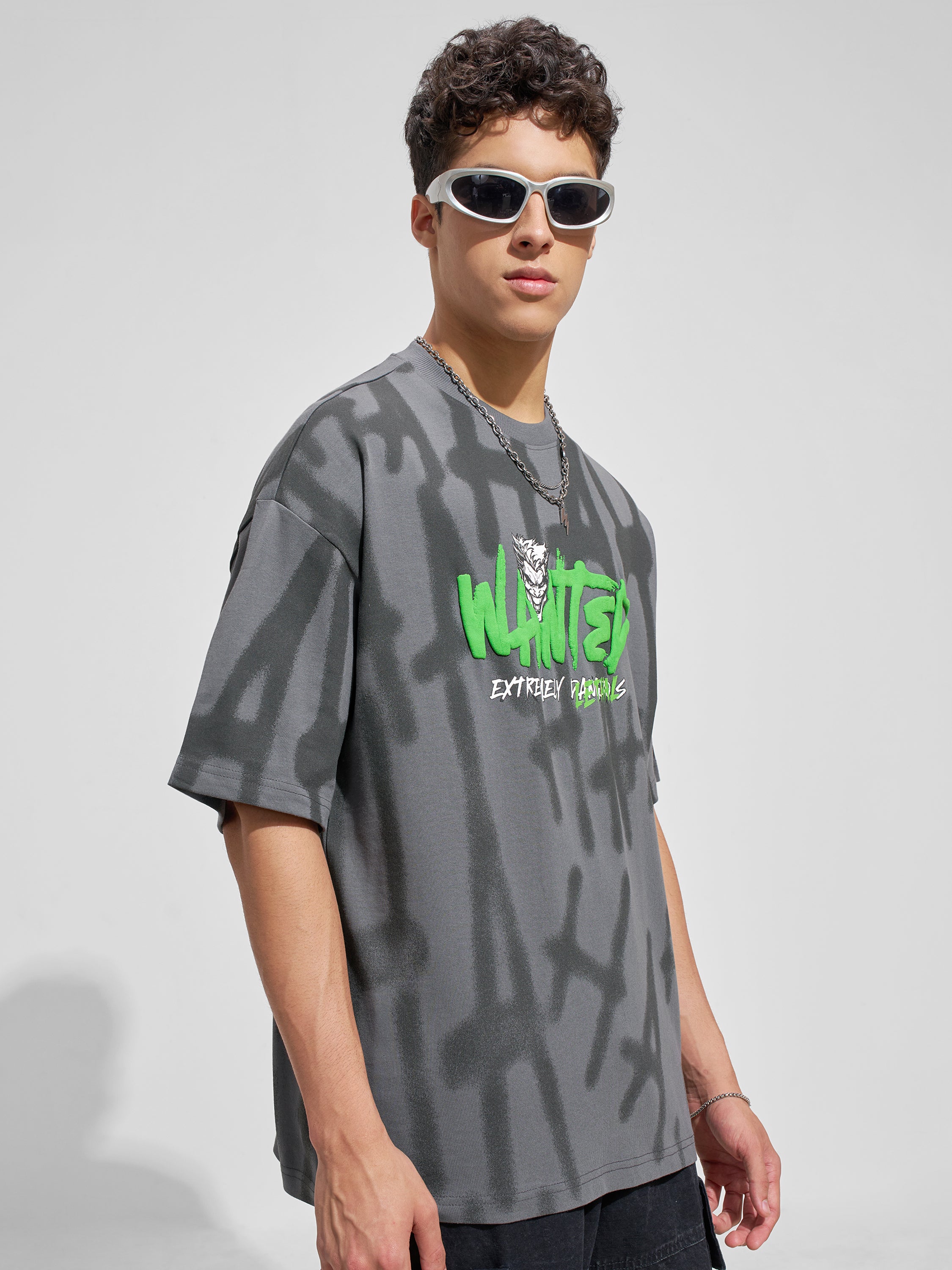 WB By Highlander Men Grey Joker Printed Round Neck Oversized Fit T-Shirt