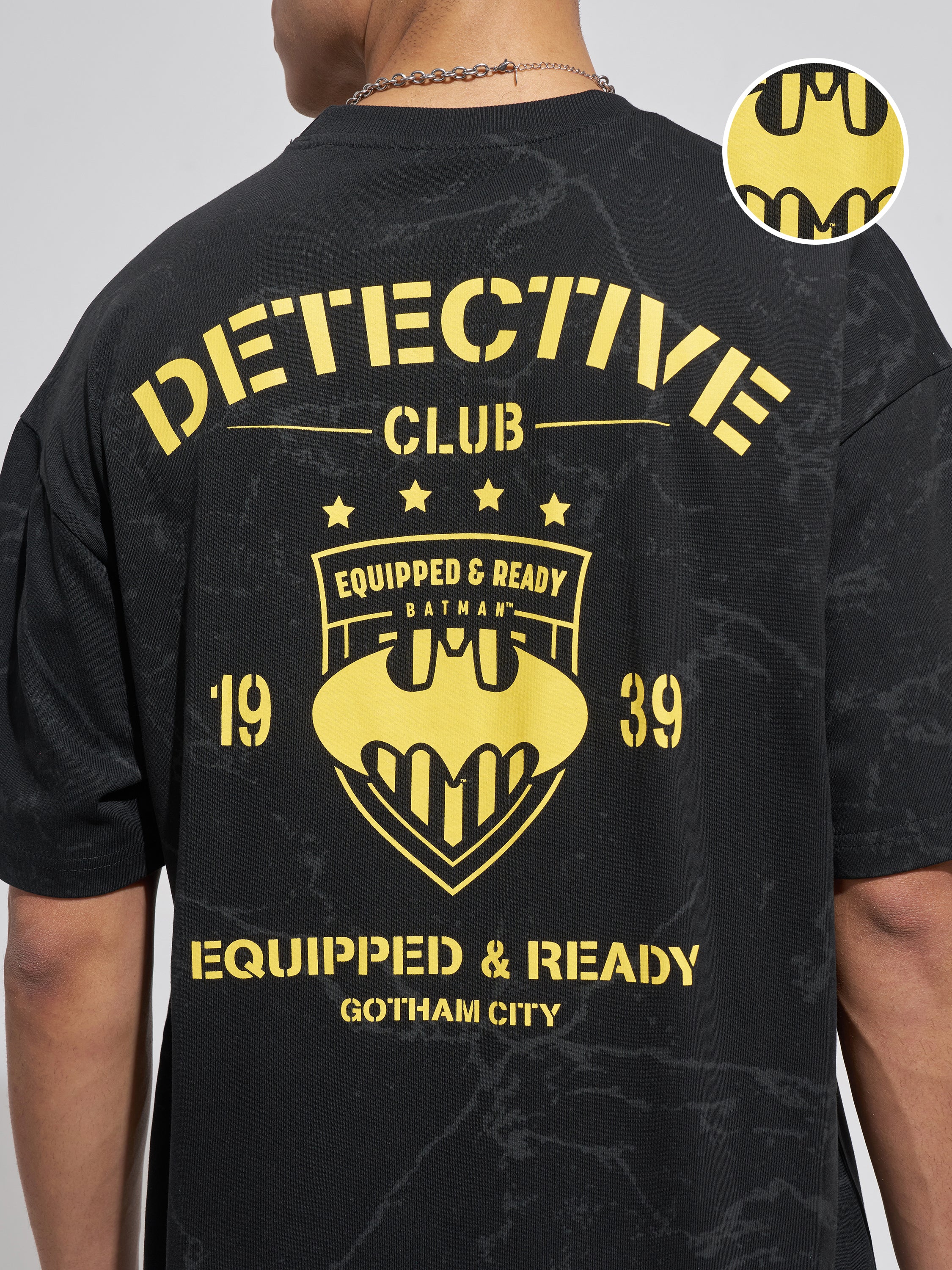 WB By Highlander Men Black Batman Printed Round Neck Oversized Fit T-Shirt