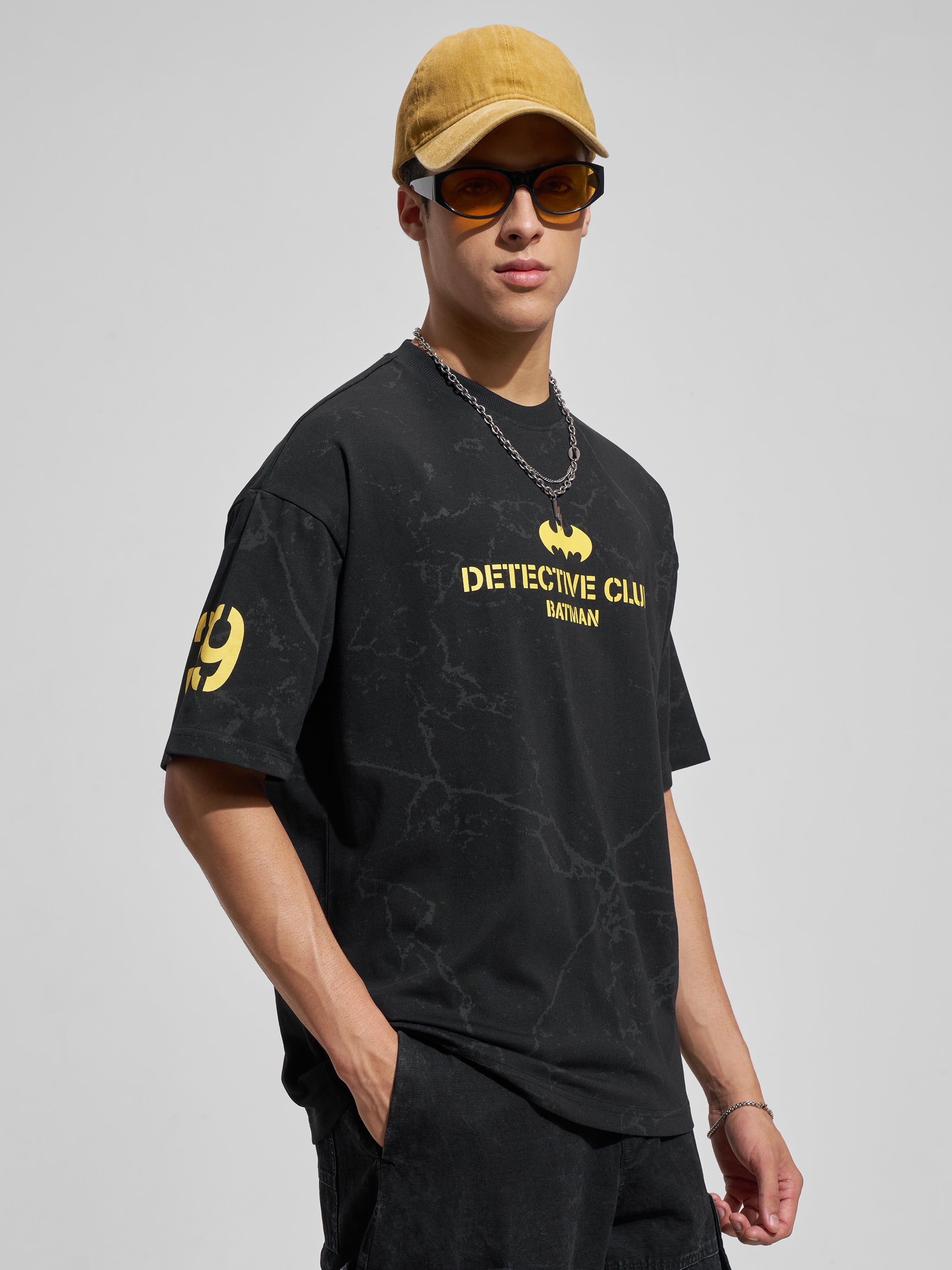 WB By Highlander Men Black Batman Printed Round Neck Oversized Fit T-Shirt