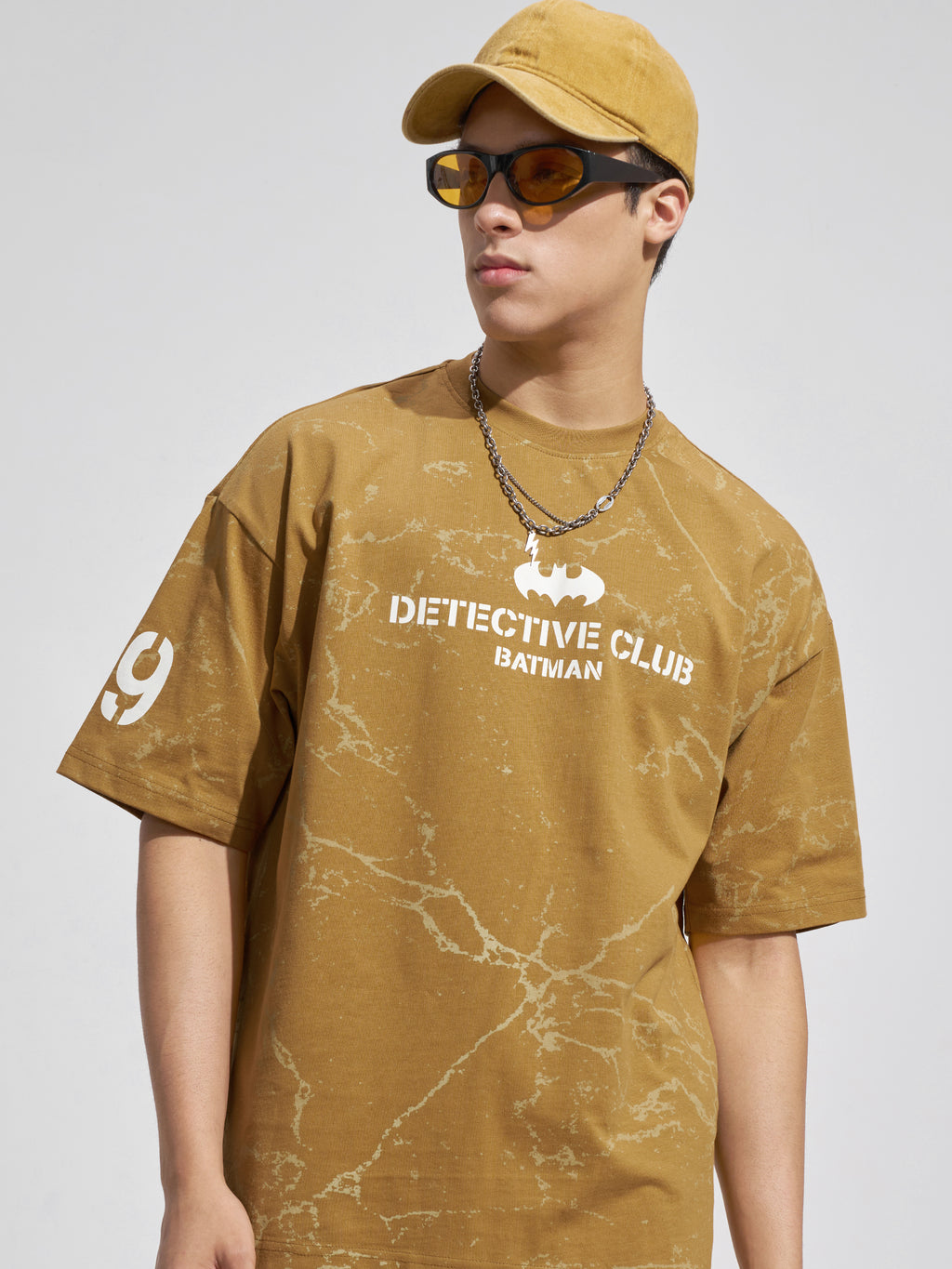 WB By Highlander Men Mustard Batman Printed Round Neck Oversized Fit T-Shirt