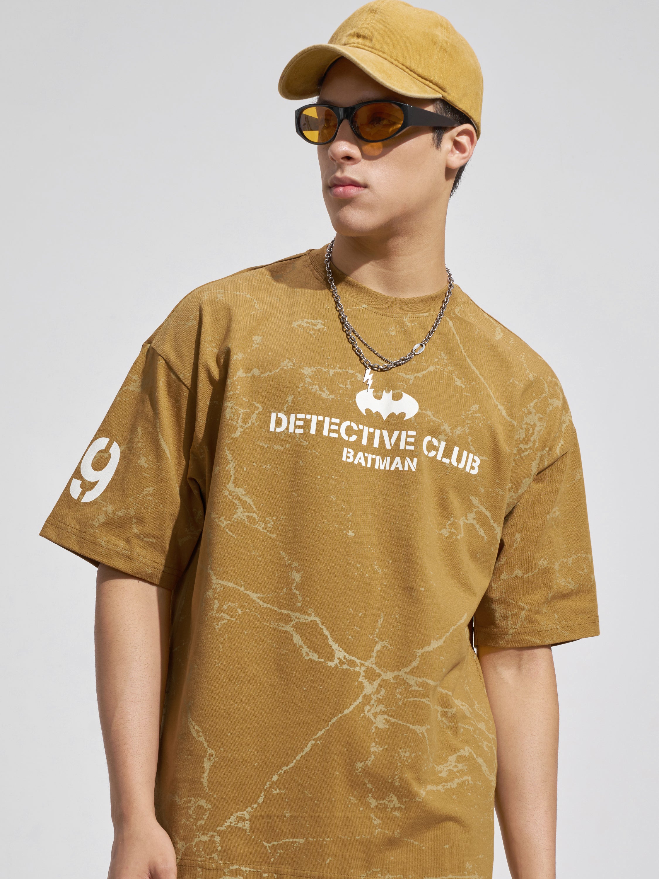 WB By Highlander Men Mustard Batman Printed Round Neck Oversized Fit T-Shirt
