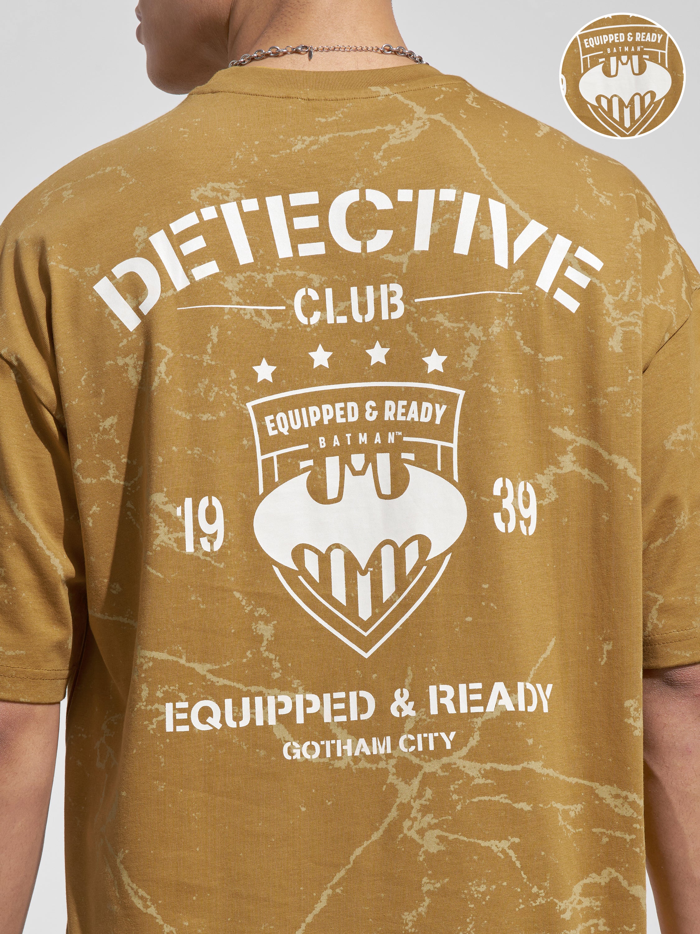 WB By Highlander Men Mustard Batman Printed Round Neck Oversized Fit T-Shirt