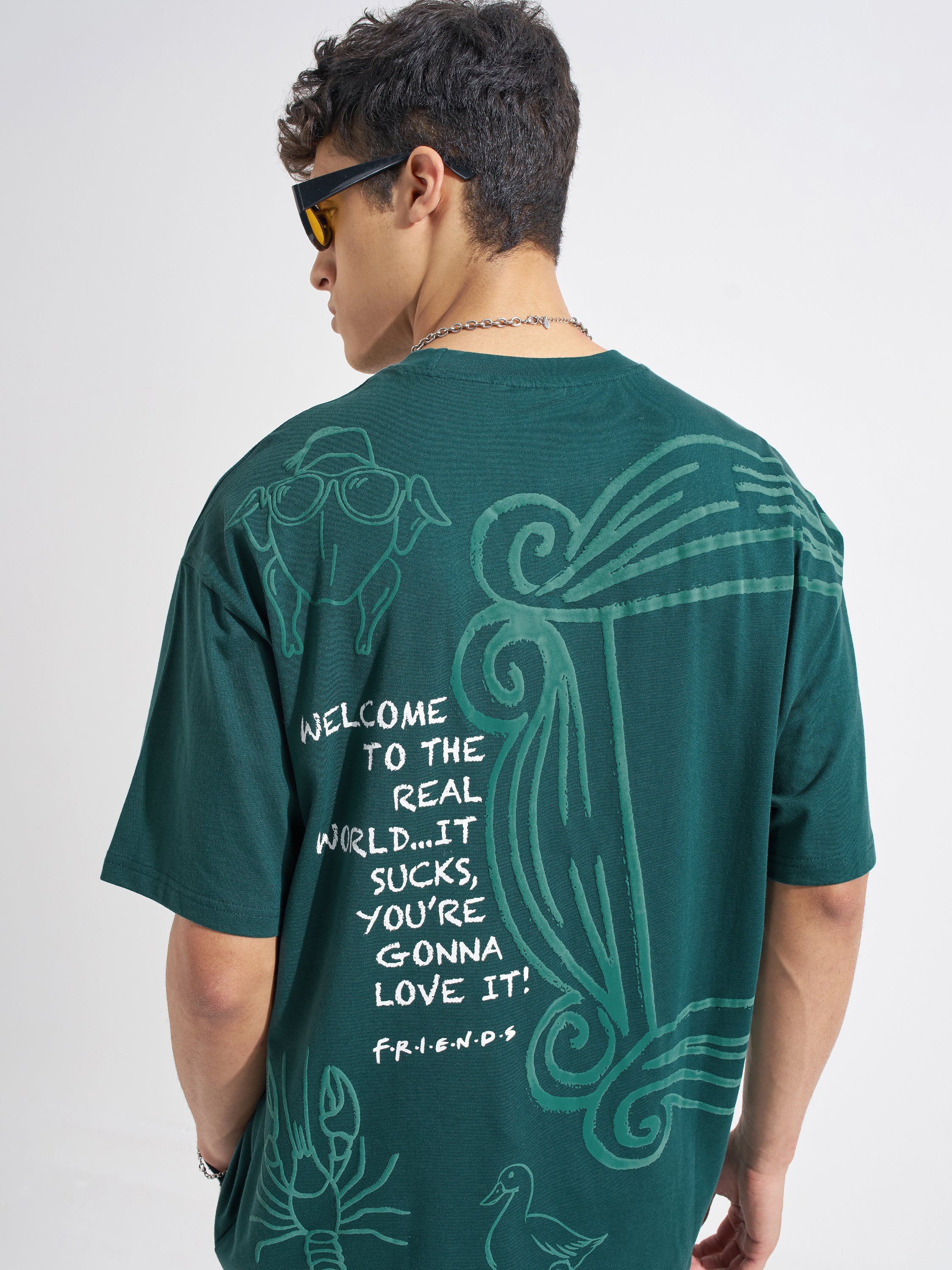 WB By Highlander Men Green FRIENDS Printed Round Neck Oversized Fit T-Shirt