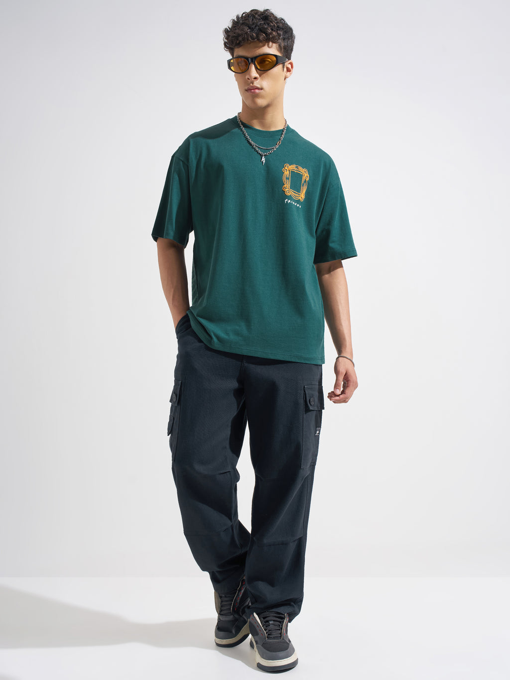 WB By Highlander Men Green FRIENDS Printed Round Neck Oversized Fit T-Shirt