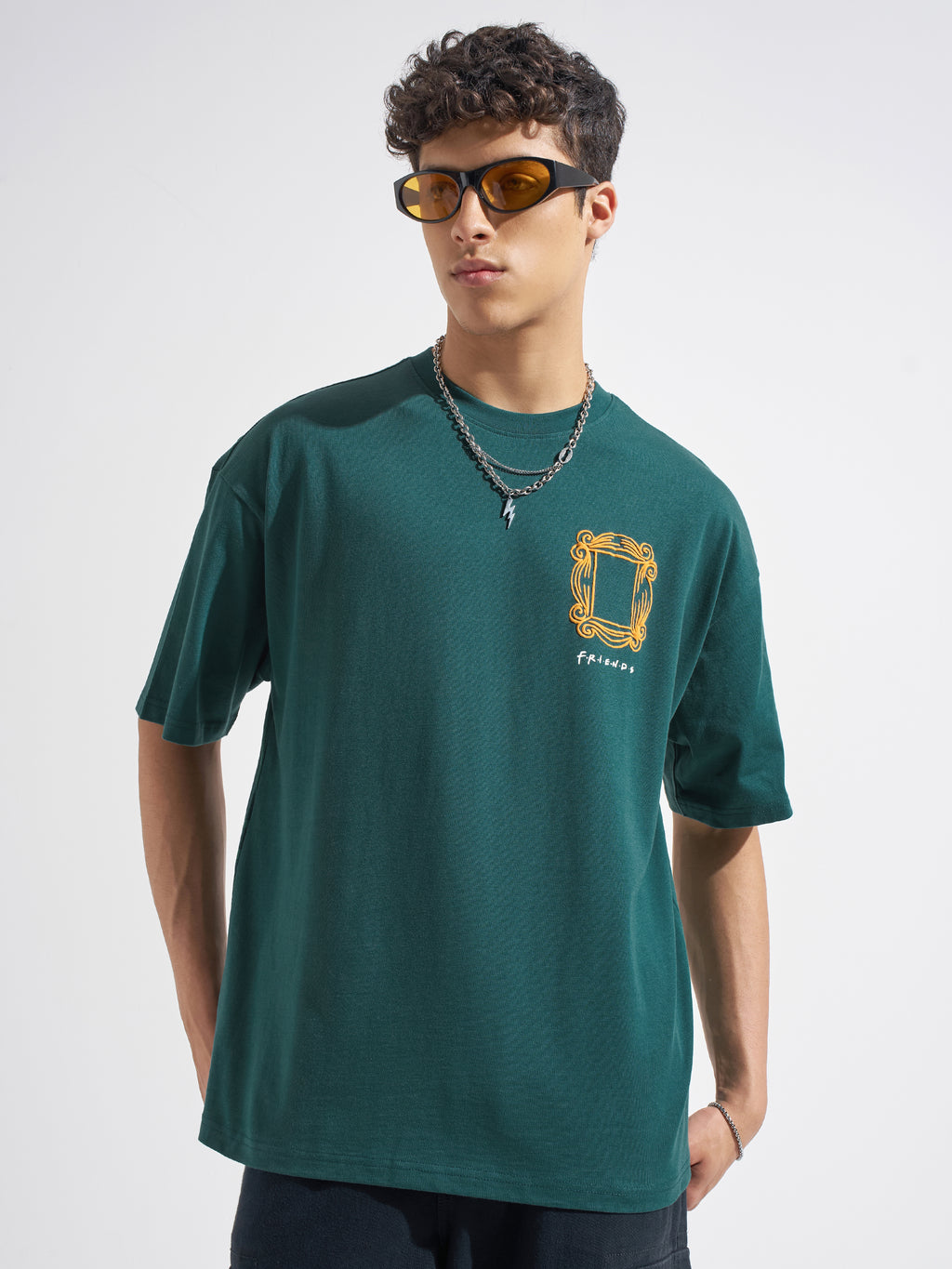 WB By Highlander Men Green FRIENDS Printed Round Neck Oversized Fit T-Shirt