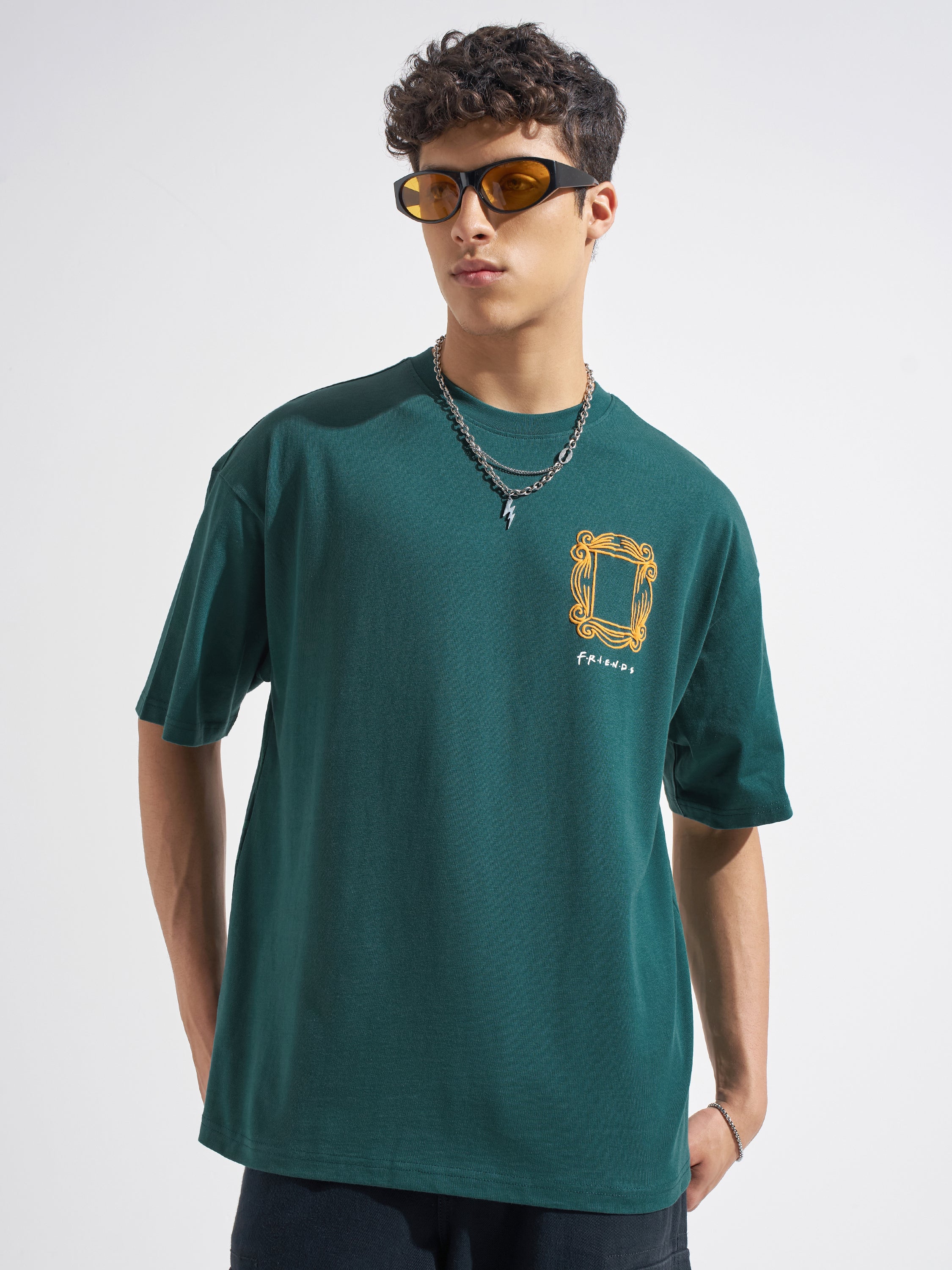 WB By Highlander Men Green FRIENDS Printed Round Neck Oversized Fit T-Shirt