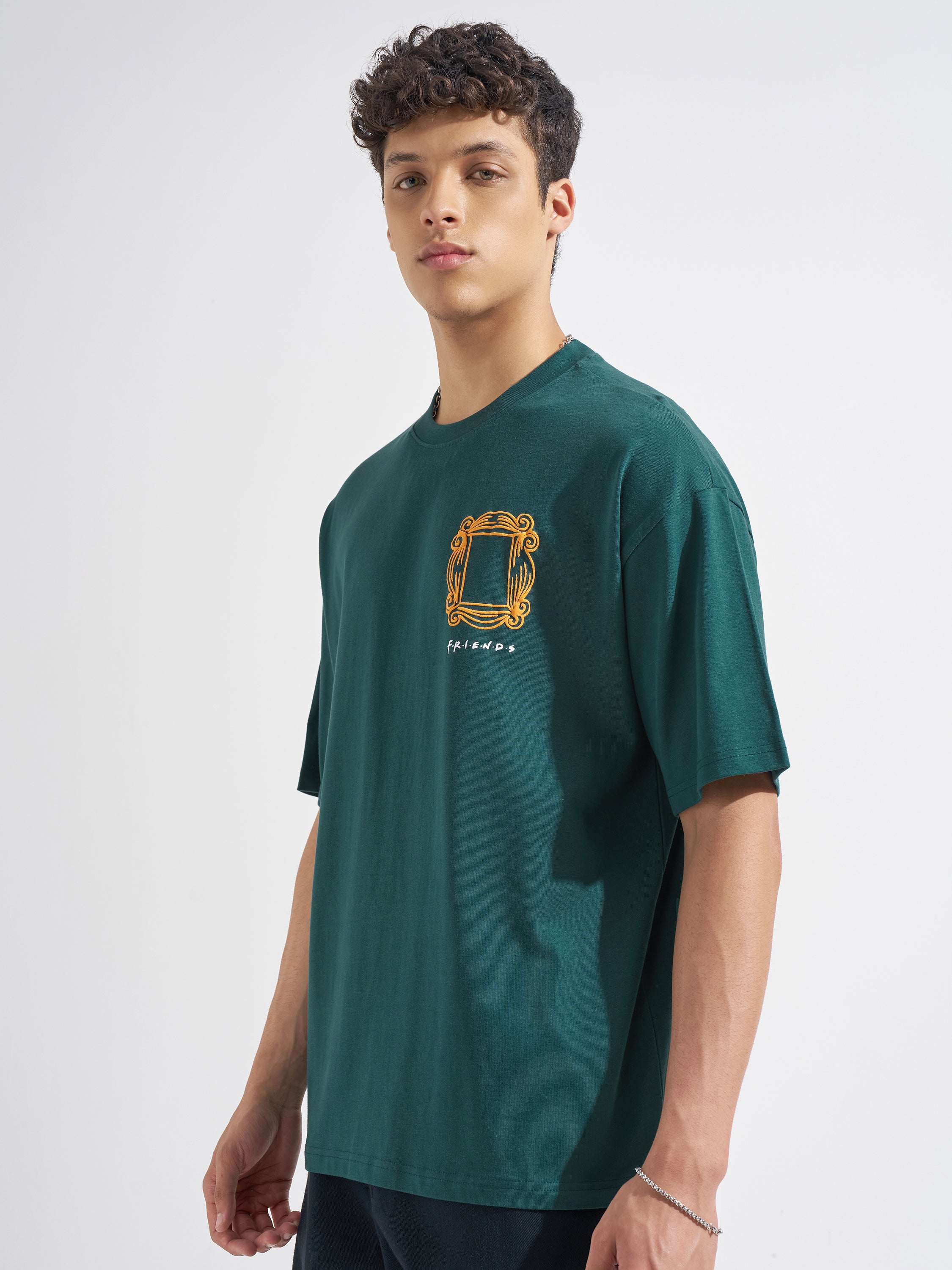 WB By Highlander Men Green FRIENDS Printed Round Neck Oversized Fit T-Shirt