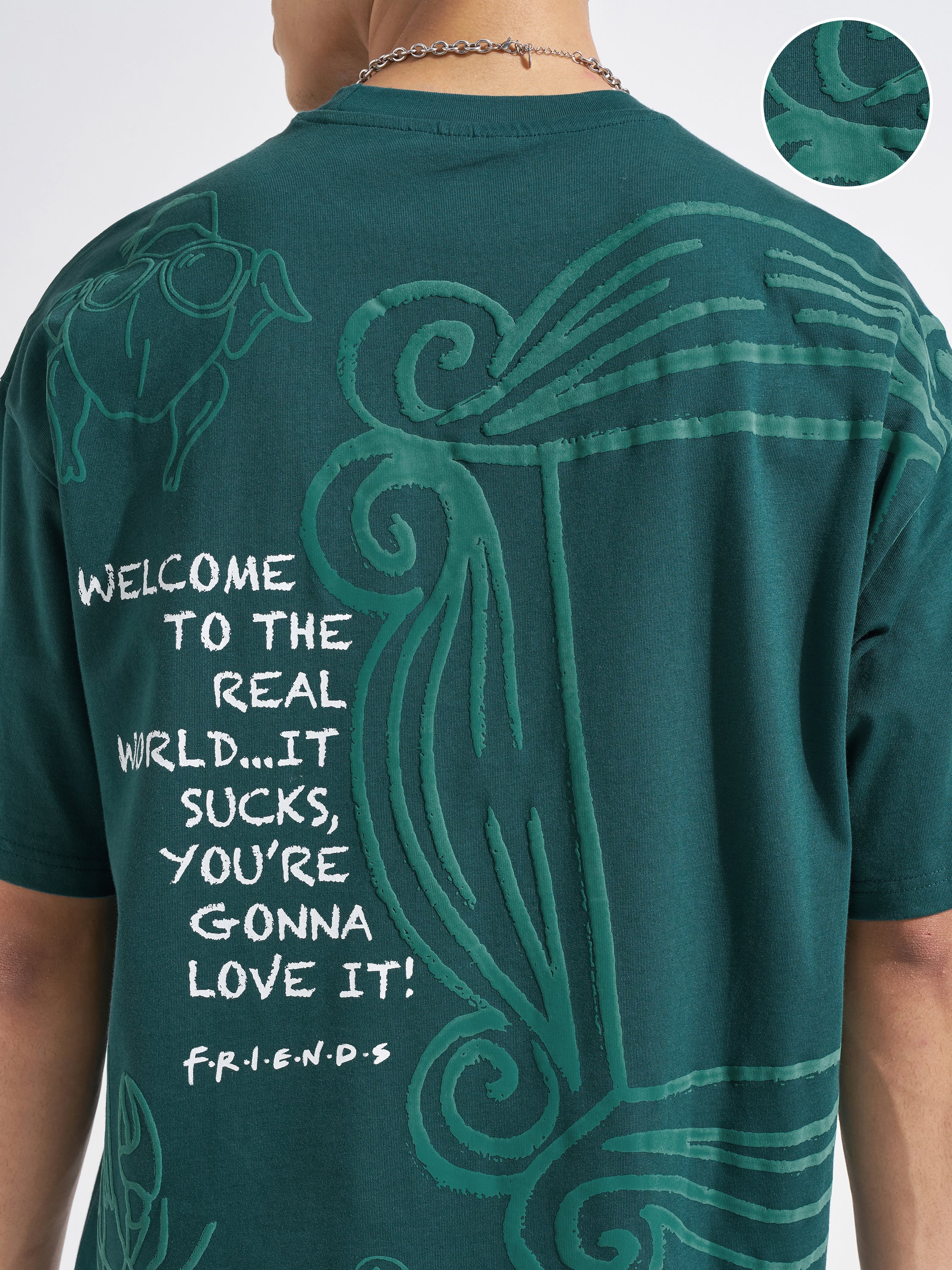 WB By Highlander Men Green FRIENDS Printed Round Neck Oversized Fit T-Shirt