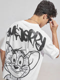 WB By Highlander Men White Tom And Jerry Printed Round Neck Oversized Fit T-Shirt