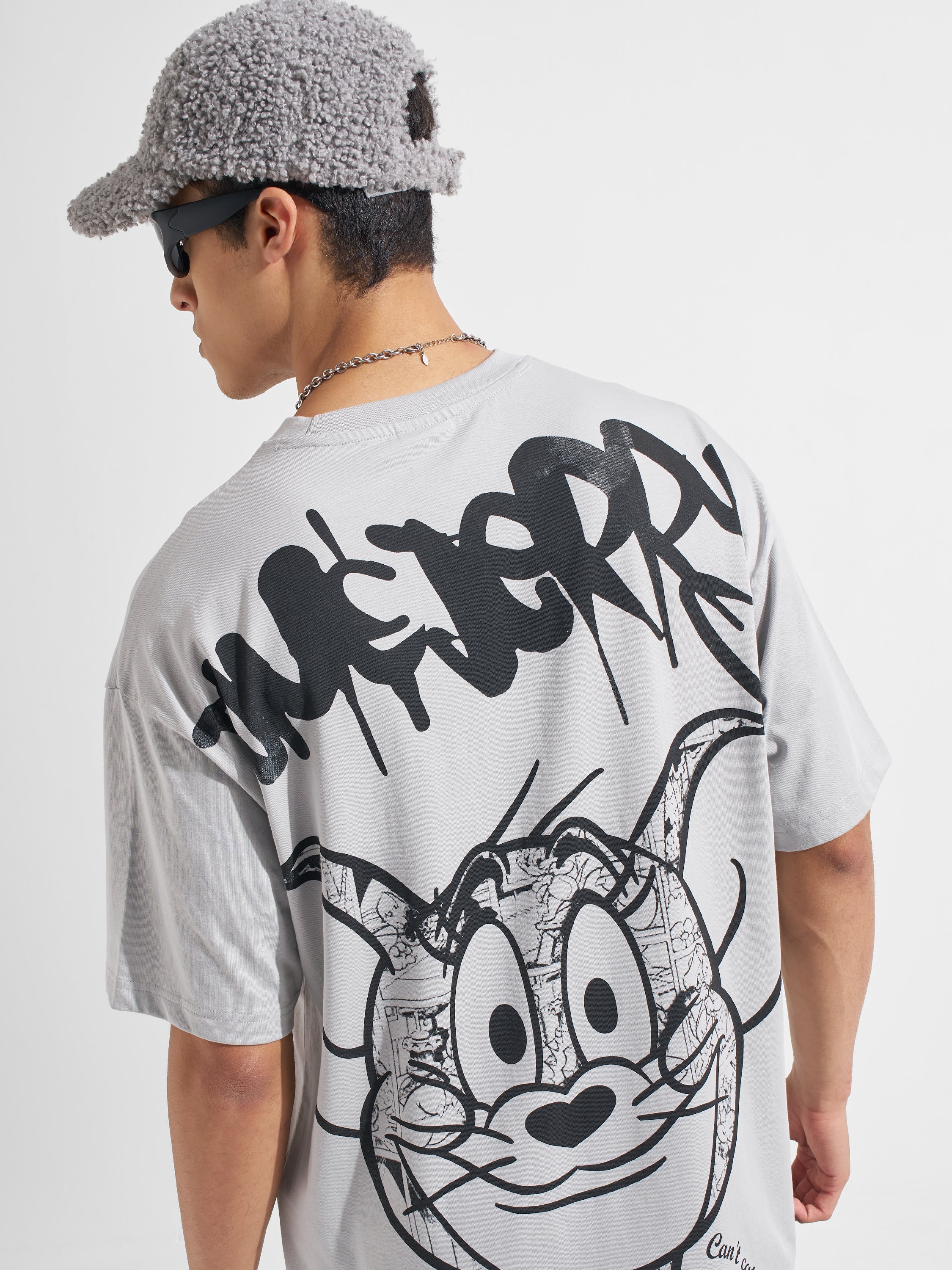 WB By Highlander Men Grey Tom And Jerry Printed Round Neck Oversized Fit T-Shirt