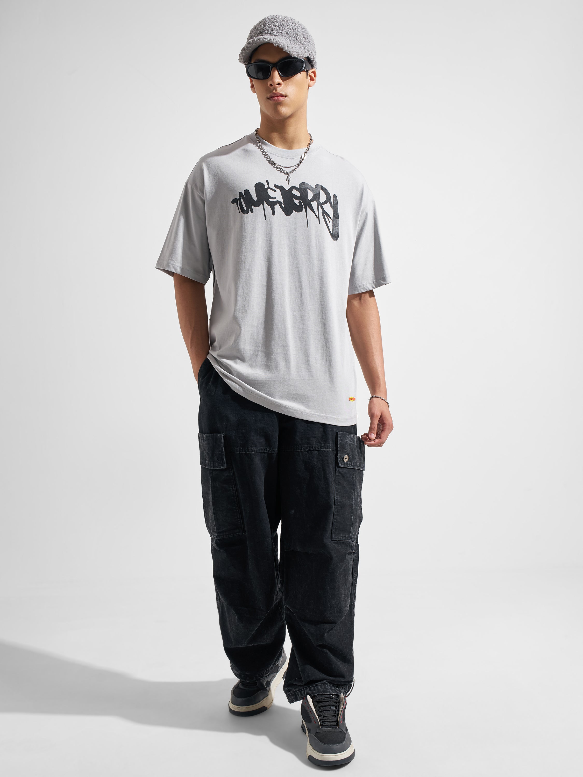 WB By Highlander Men Grey Tom And Jerry Printed Round Neck Oversized Fit T-Shirt